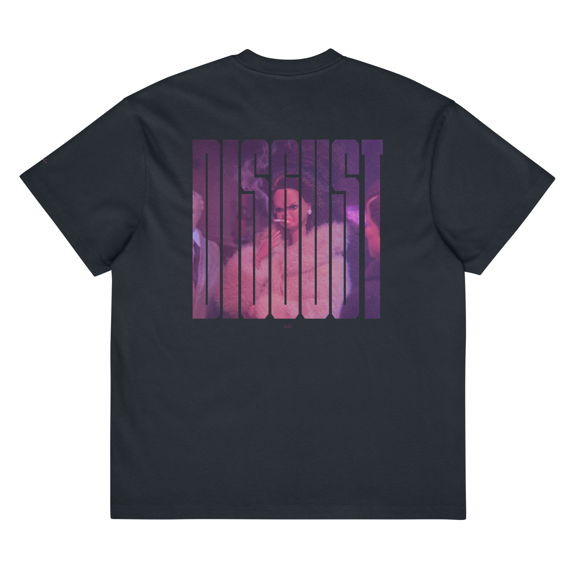 navy blue boxy oversized unisex t-shirt, back view, "disgust" with disgusted looking doll print