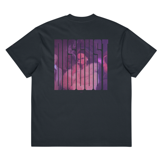 navy blue boxy oversized unisex t-shirt, back view, "disgust" with disgusted looking doll print