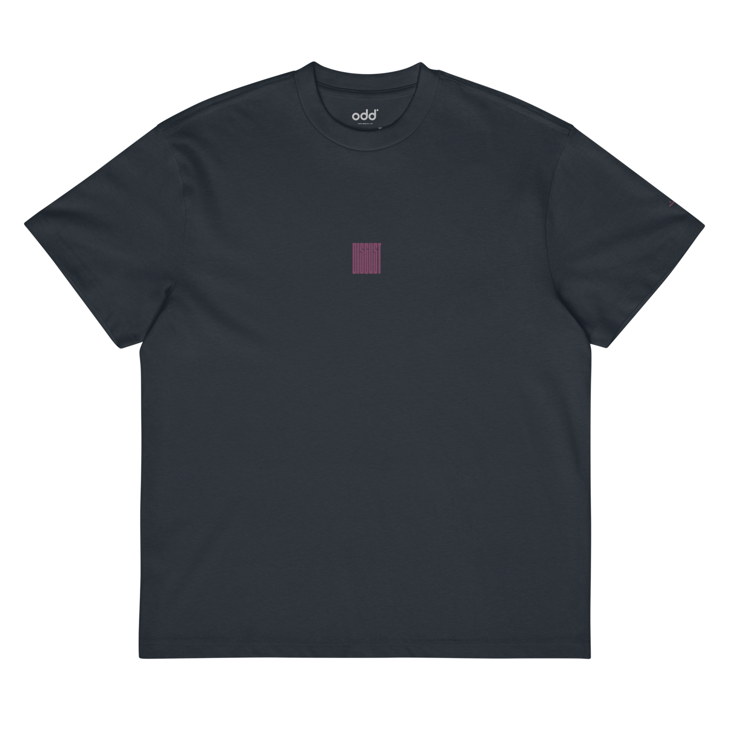 navy blue boxy oversized unisex t-shirt, front view, "disgust" print