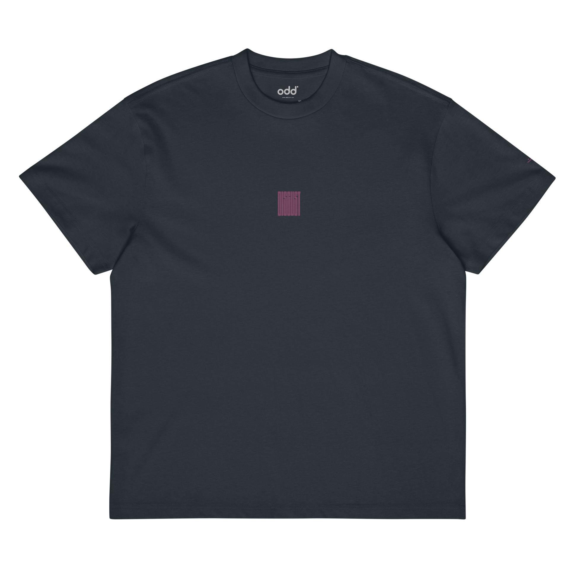 navy blue boxy oversized unisex t-shirt, front view, "disgust" print