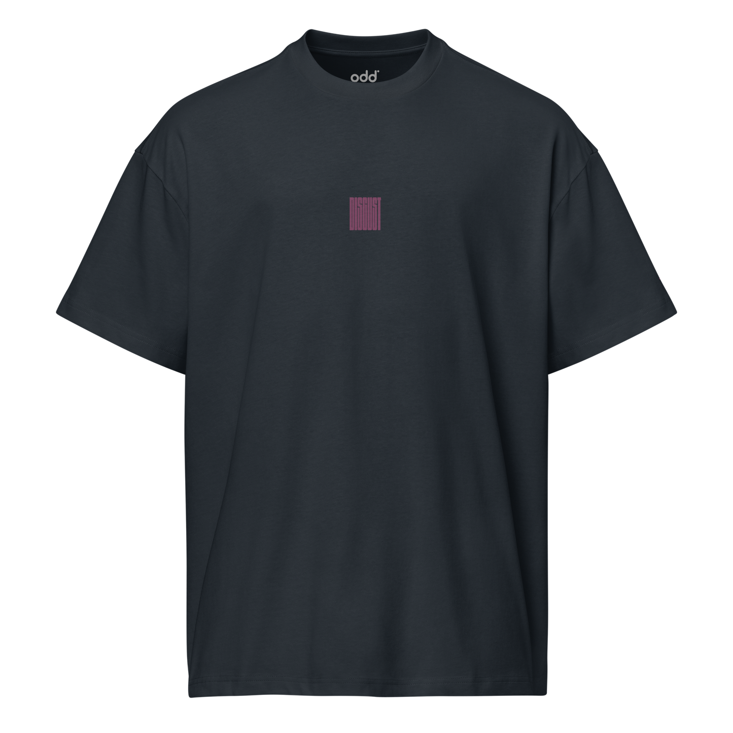 navy blue boxy oversized unisex t-shirt, front view, "disgust" print