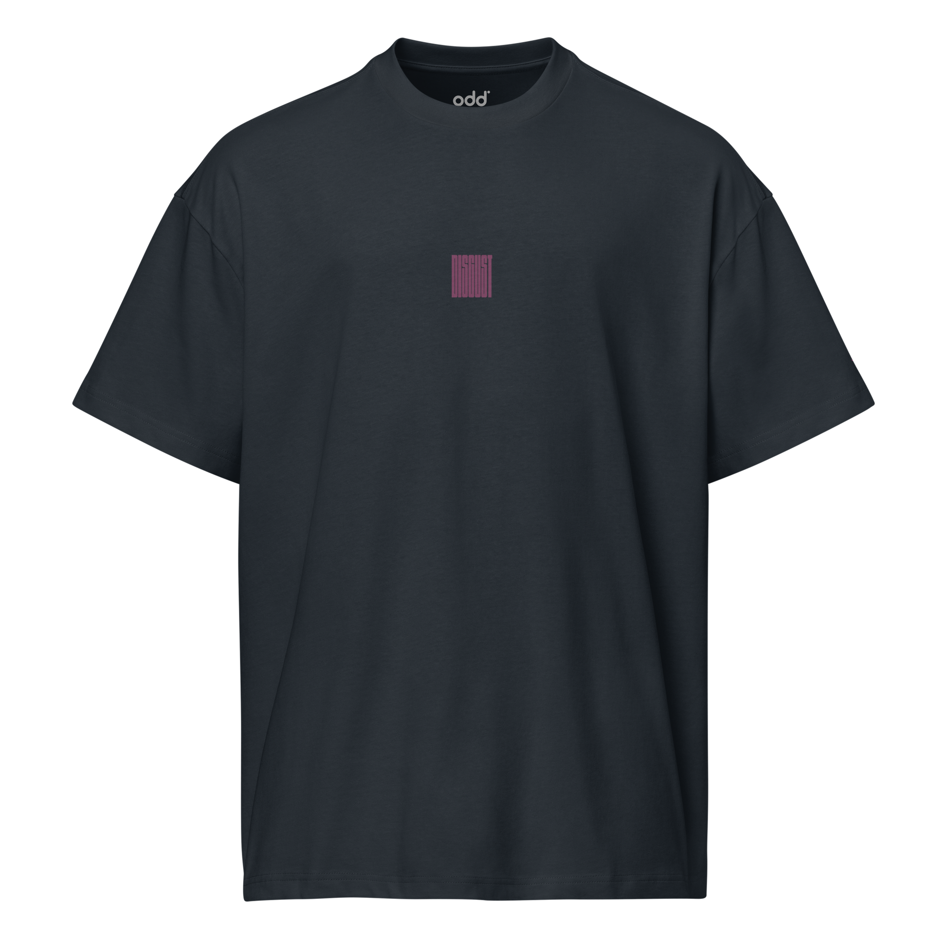 navy blue boxy oversized unisex t-shirt, front view, "disgust" print