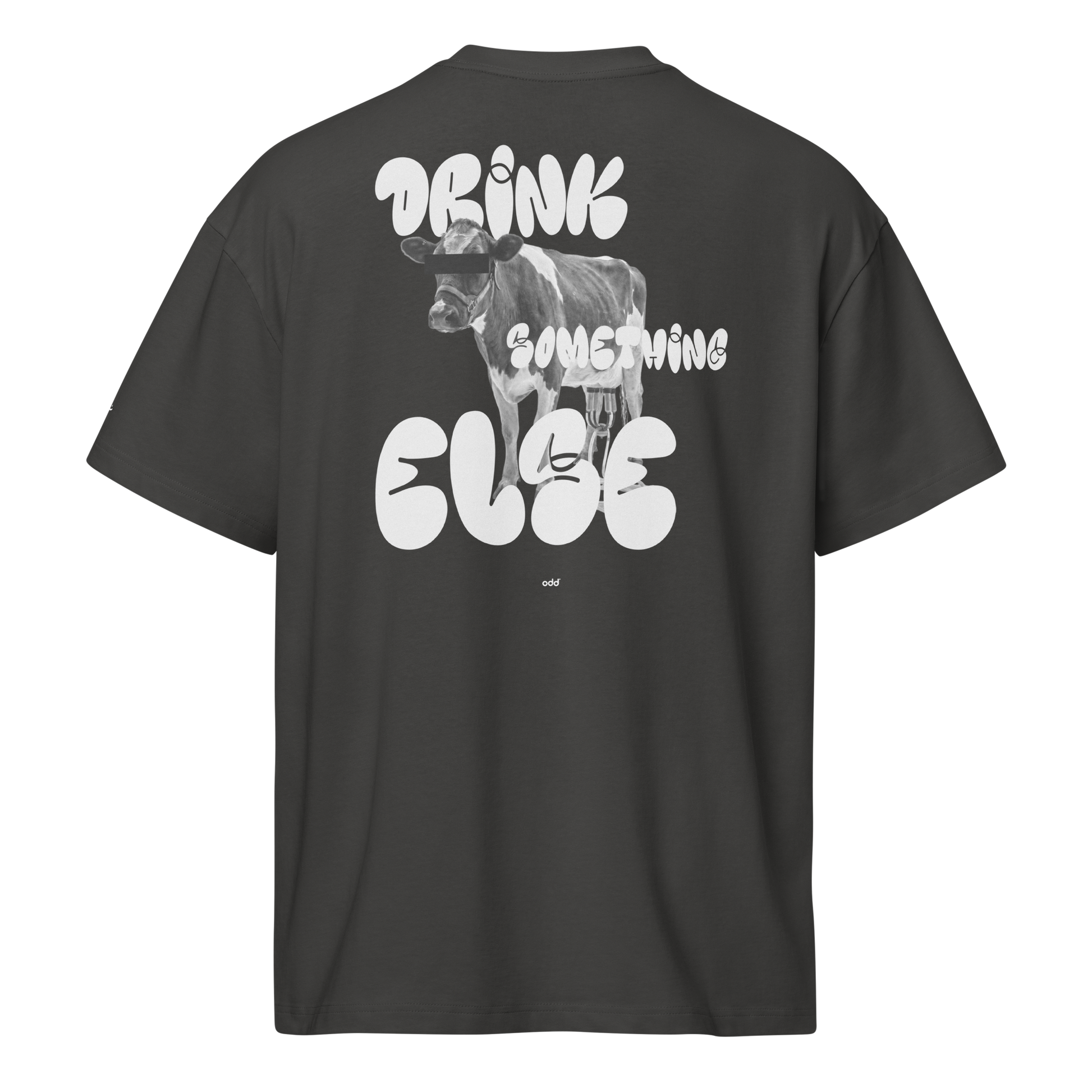 vintage black boxy oversized unisex t-shirt, back view, "DRINK SOMETHING ELSE" and dairy cow print