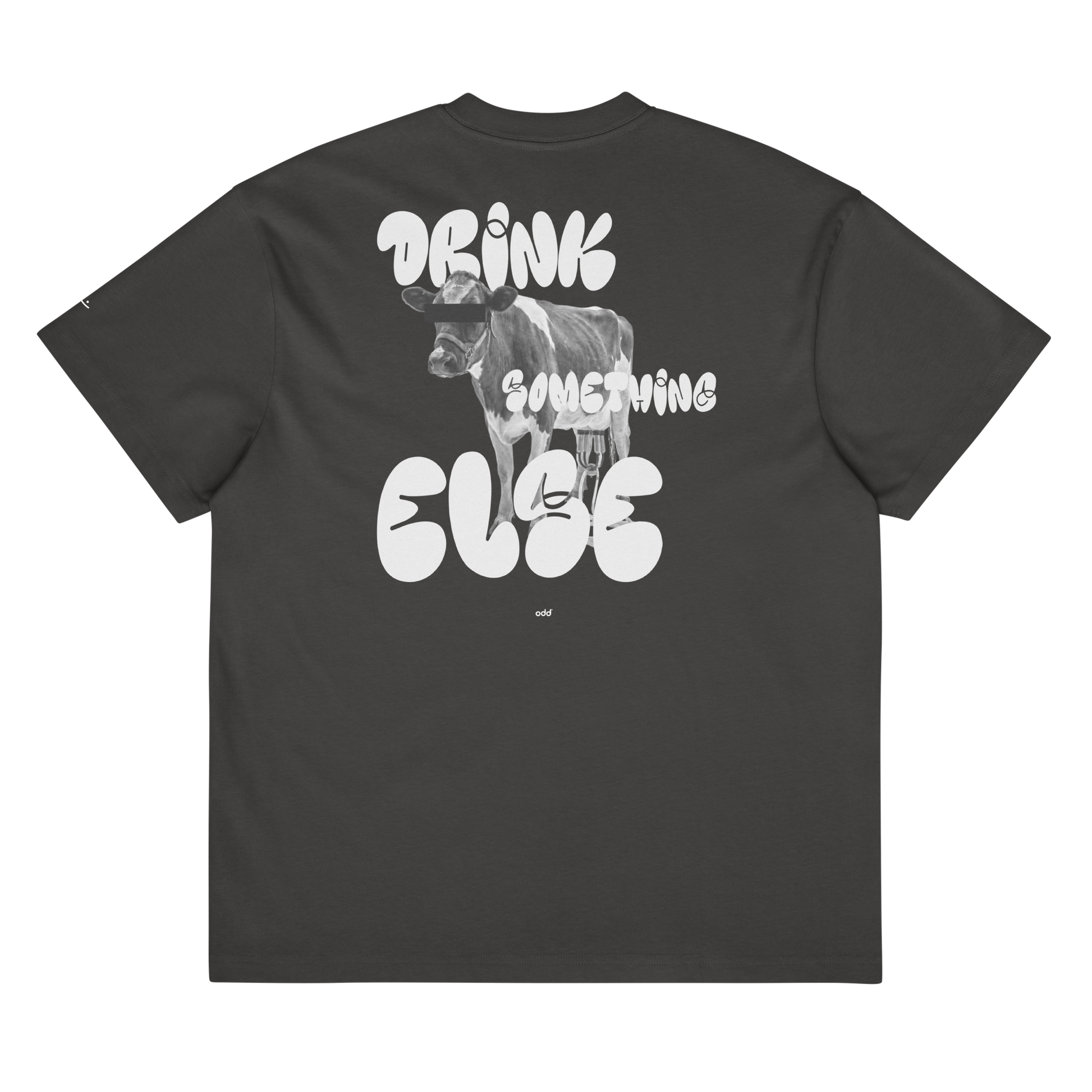 vintage black boxy oversized unisex t-shirt, back view, "DRINK SOMETHING ELSE" and dairy cow print