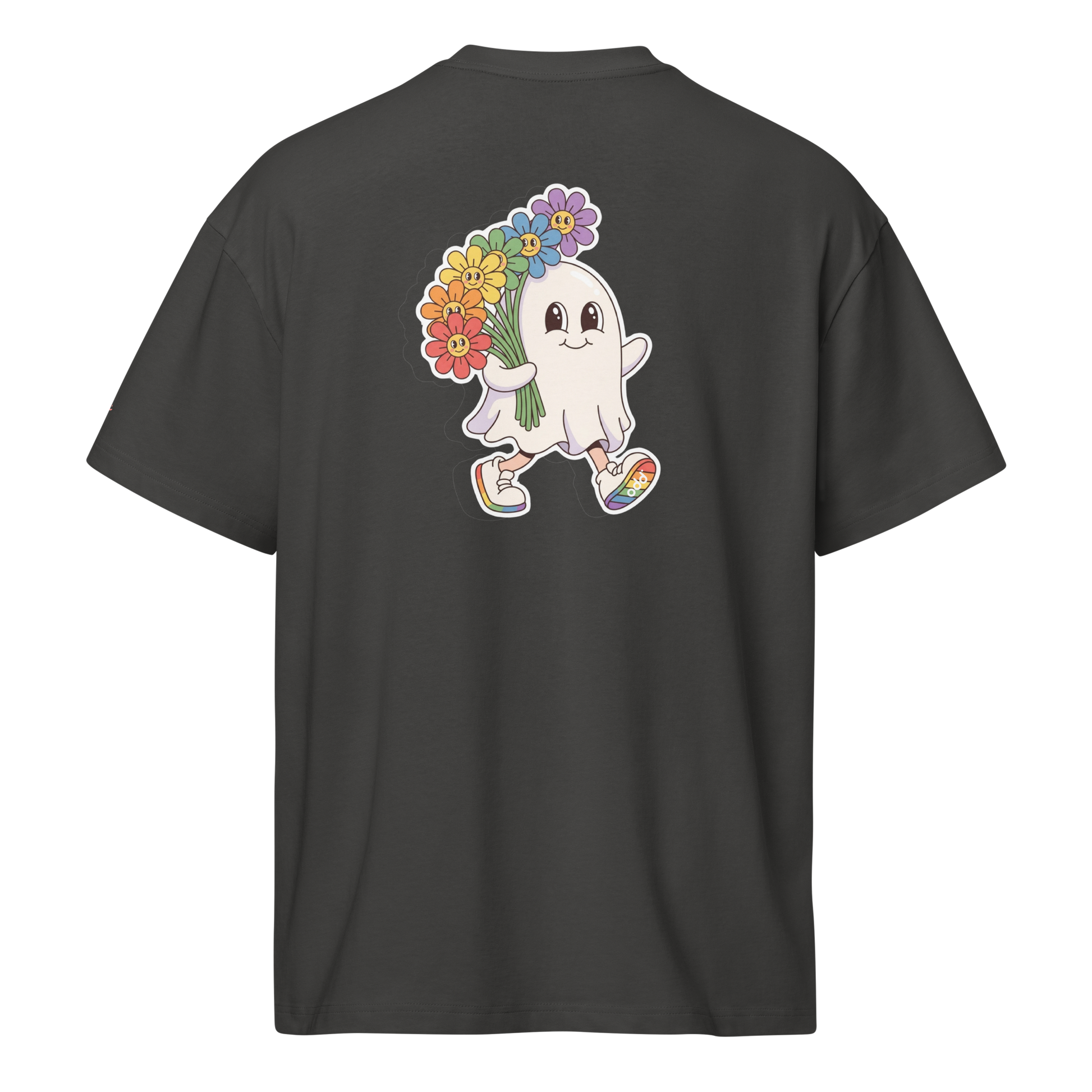vintage black boxy oversized unisex t-shirt, back view, friendly looking ghost holding flowers print