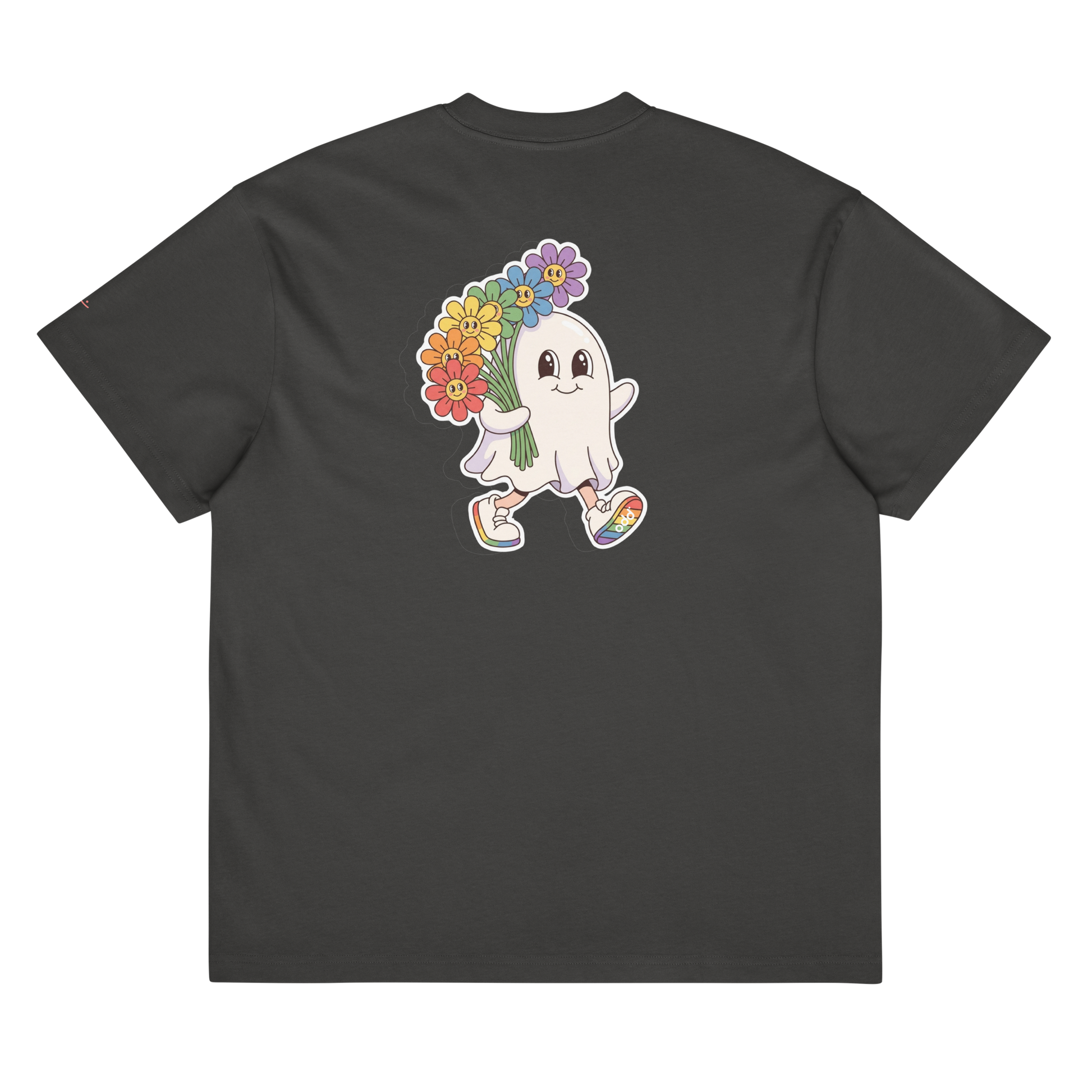 vintage black boxy oversized unisex t-shirt, back view, friendly looking ghost holding flowers print