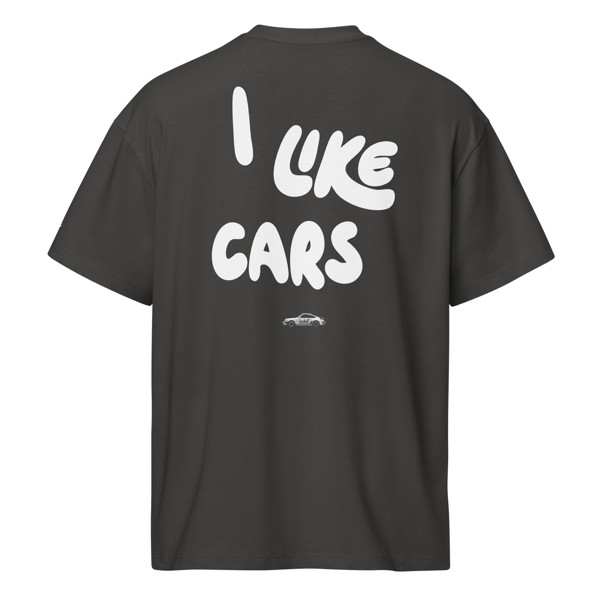 vintage black grey boxy oversized unisex t-shirt, back view, "I LIKE CARS" and a 911 print
