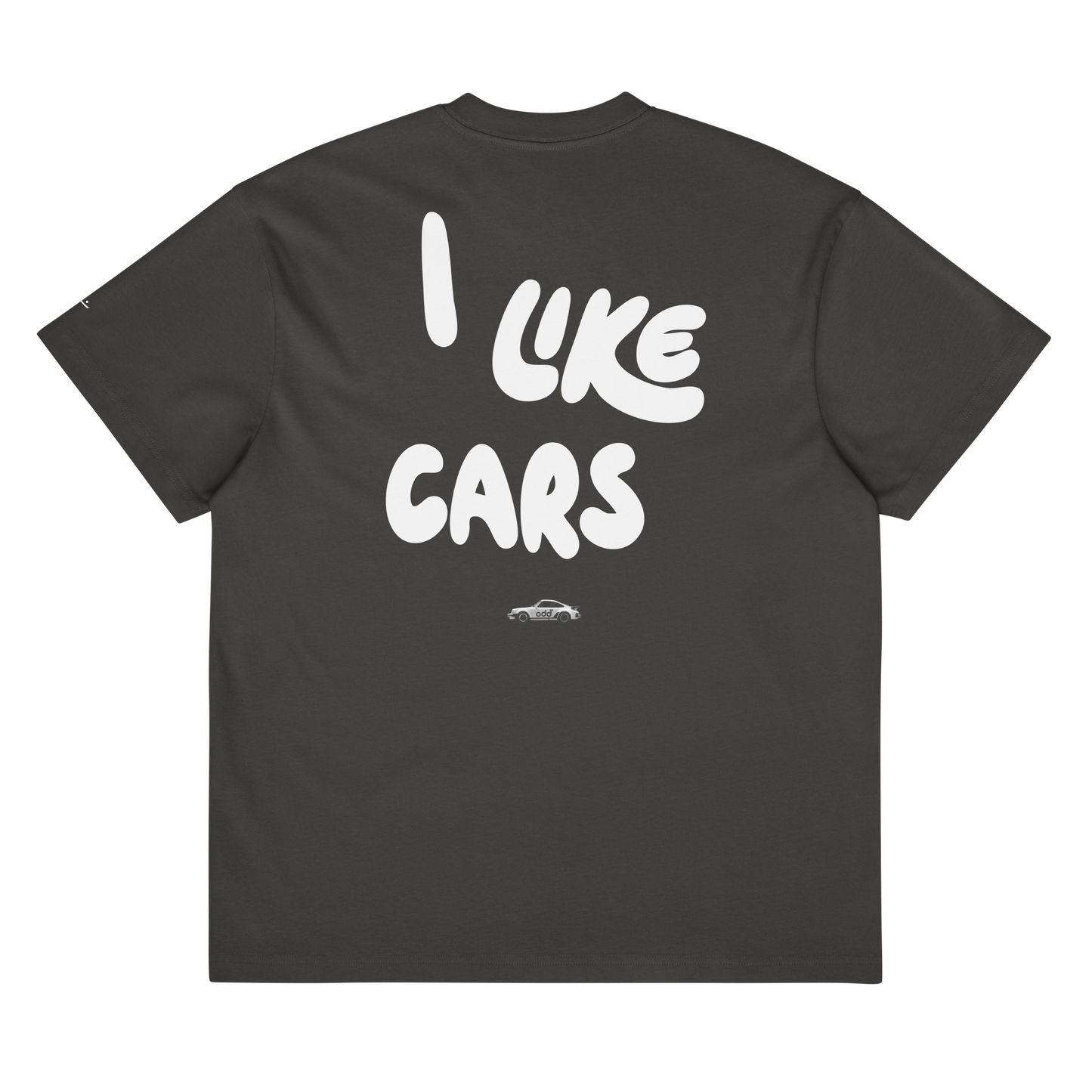 vintage black grey boxy oversized unisex t-shirt, back view, "I LIKE CARS" and a 911 print