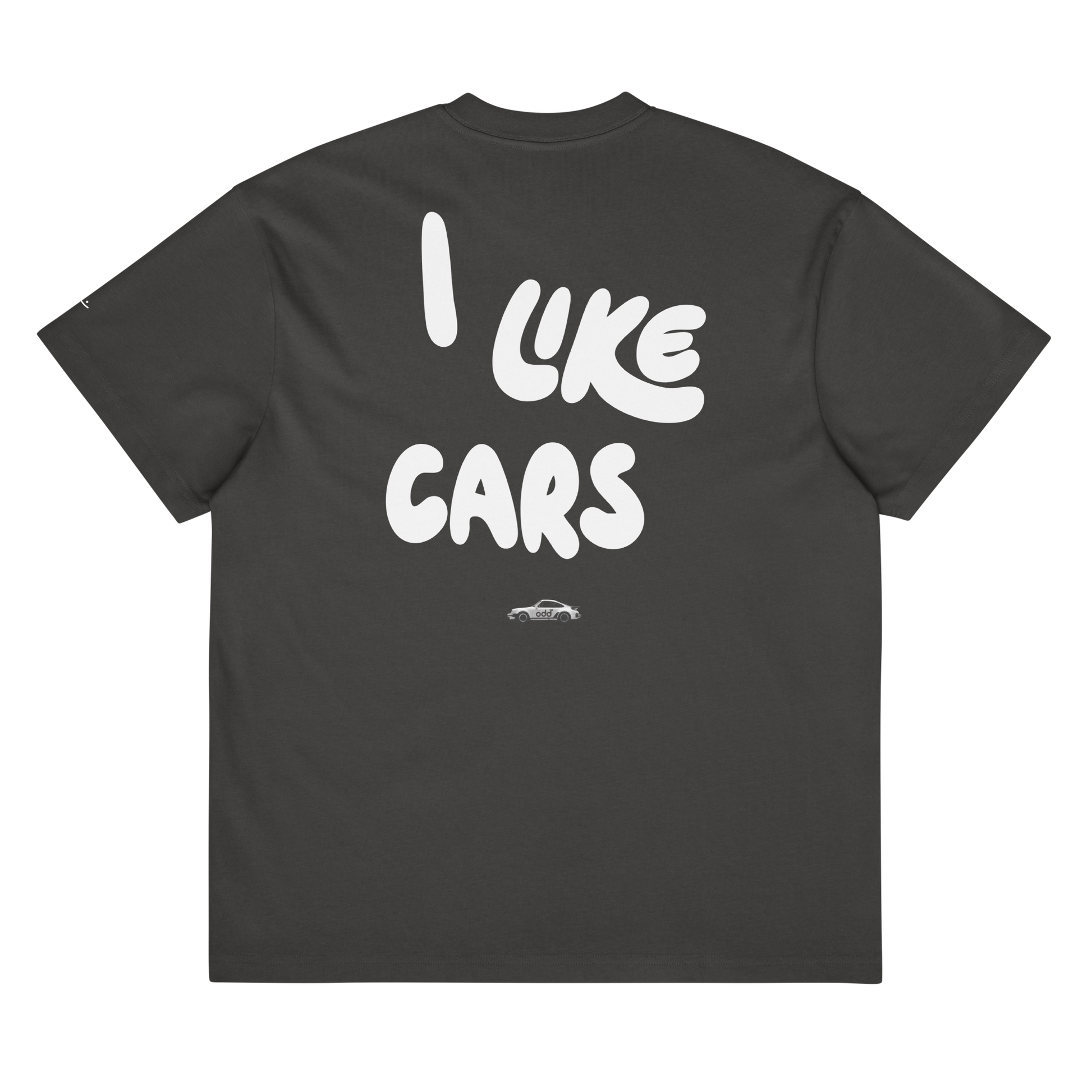 vintage black grey boxy oversized unisex t-shirt, back view, "I LIKE CARS" and a 911 print