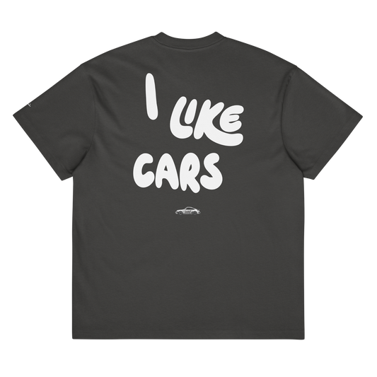 vintage black grey boxy oversized unisex t-shirt, back view, "I LIKE CARS" and a 911 print