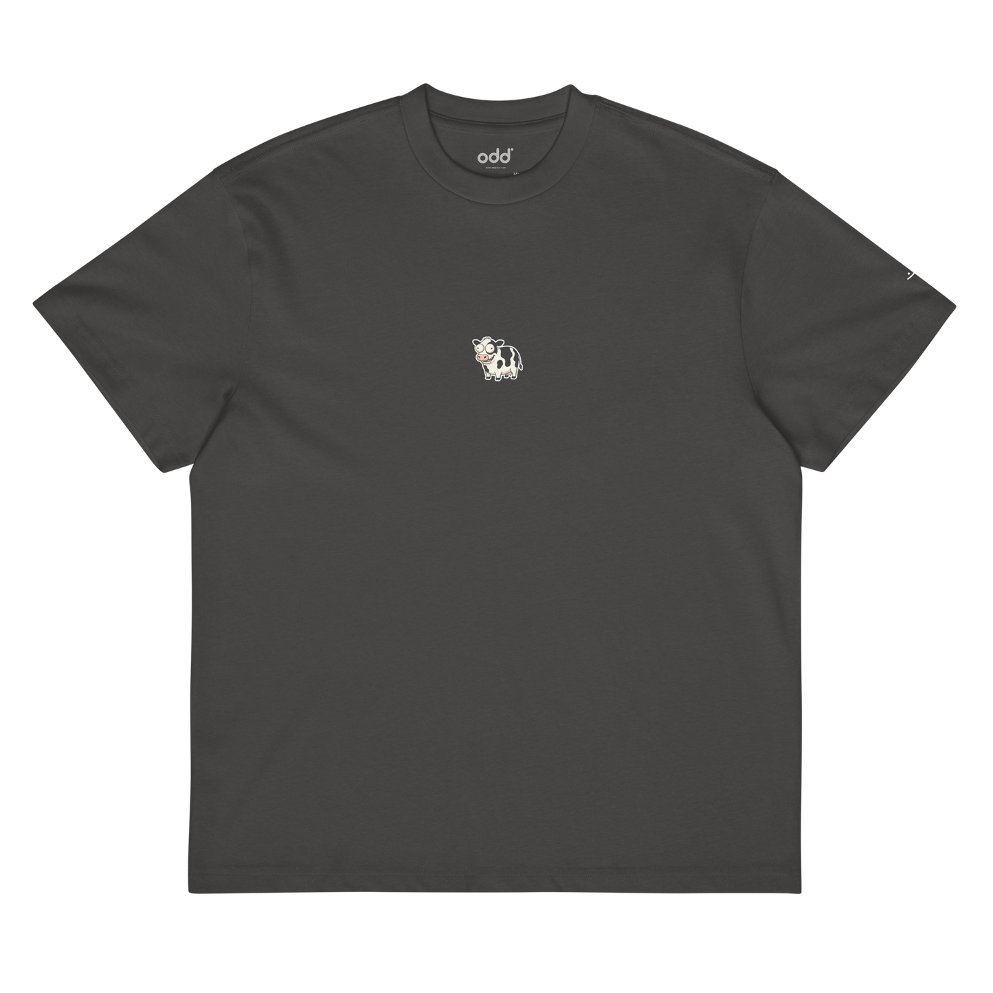 vintage black boxy oversized unisex t-shirt, front view, happy looking cow print