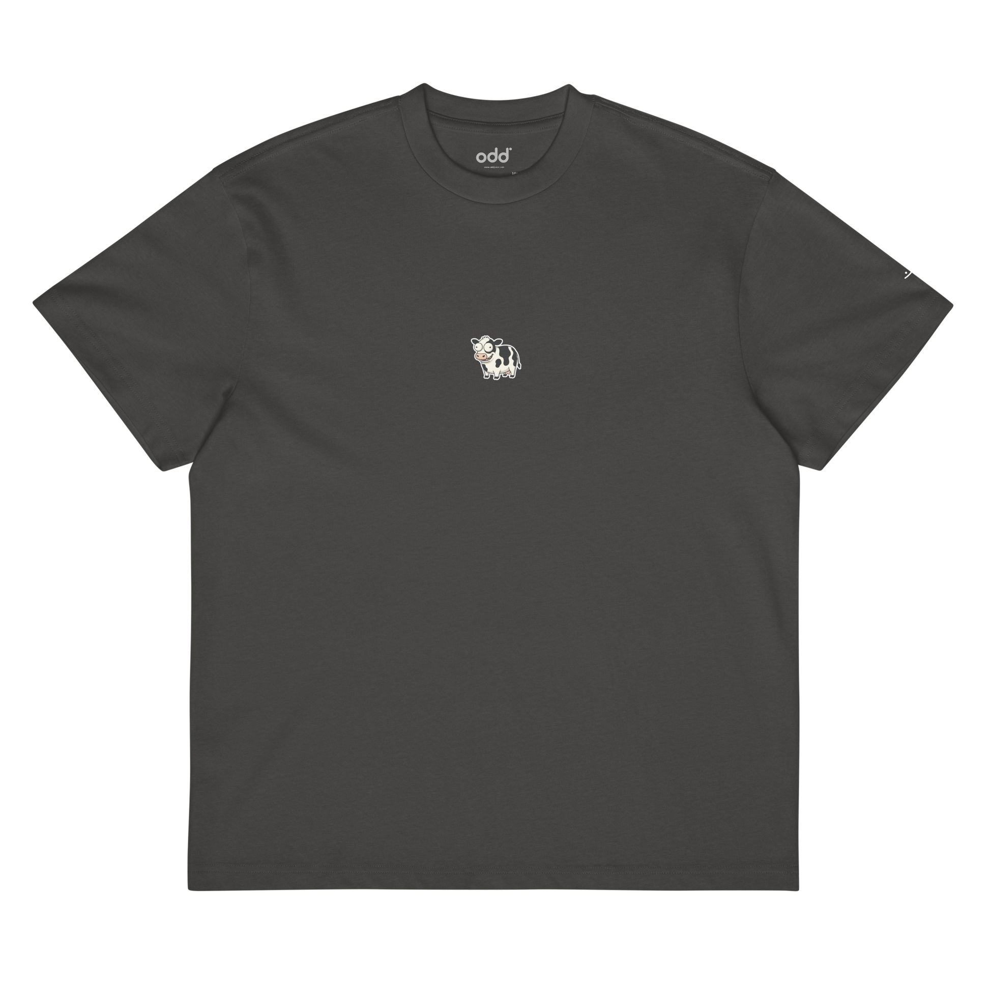 vintage black boxy oversized unisex t-shirt, front view, happy looking cow print