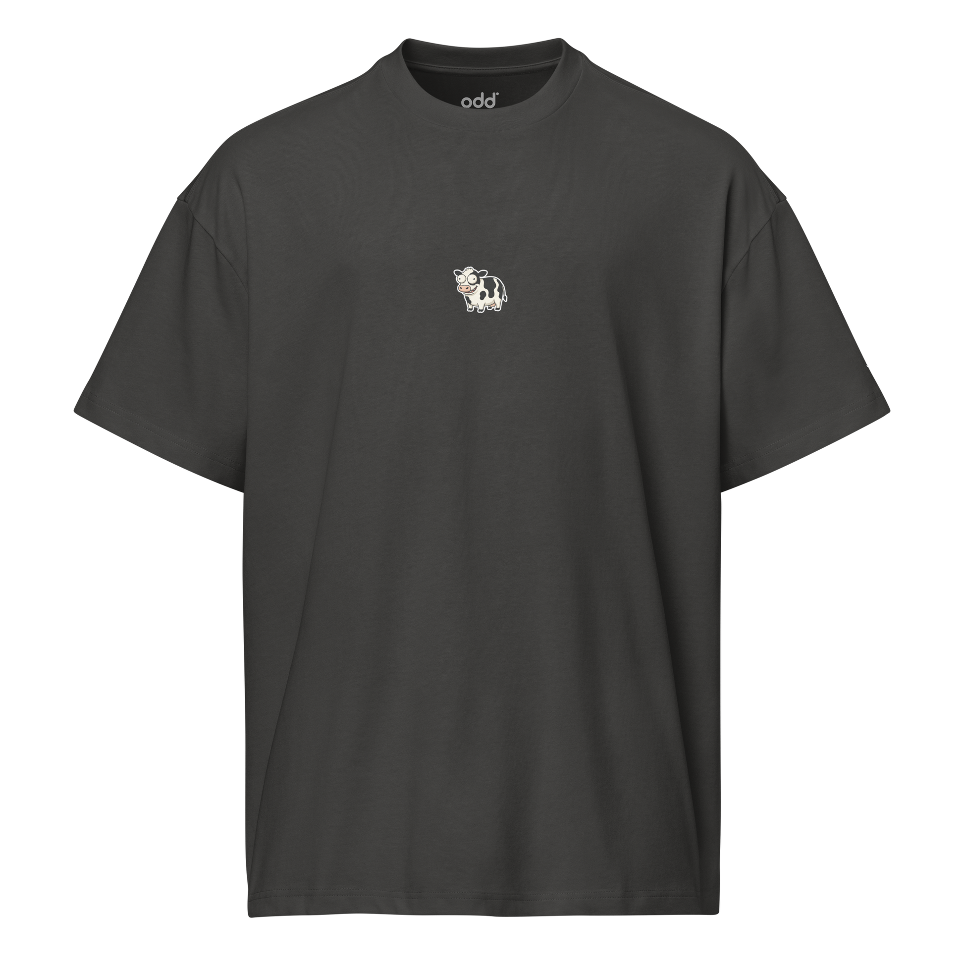 vintage black boxy oversized unisex t-shirt, front view, happy looking cow print