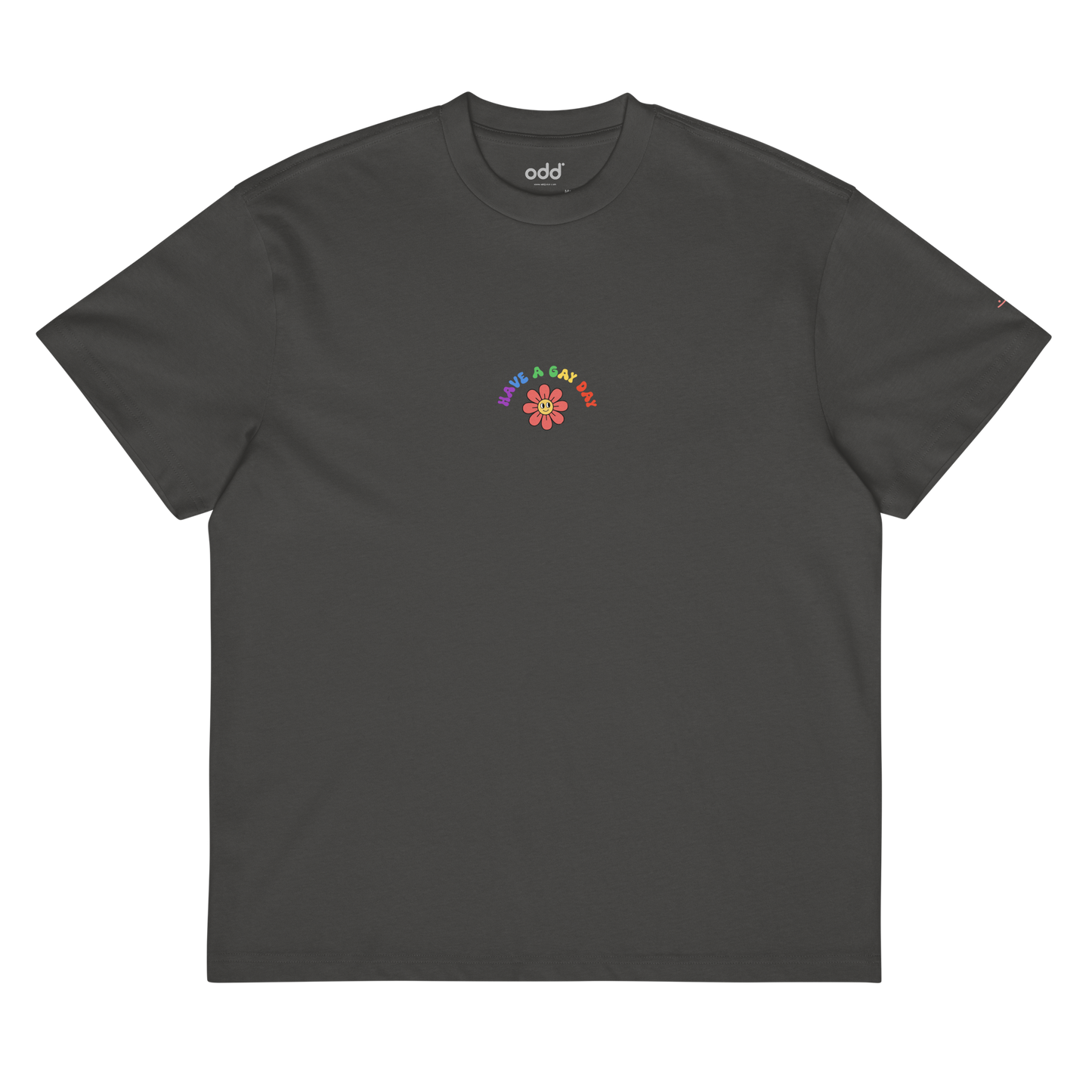 vintage black boxy oversized unisex t-shirt, front view, colorful "HAVE A GAY DAY" and friendly looking flower print