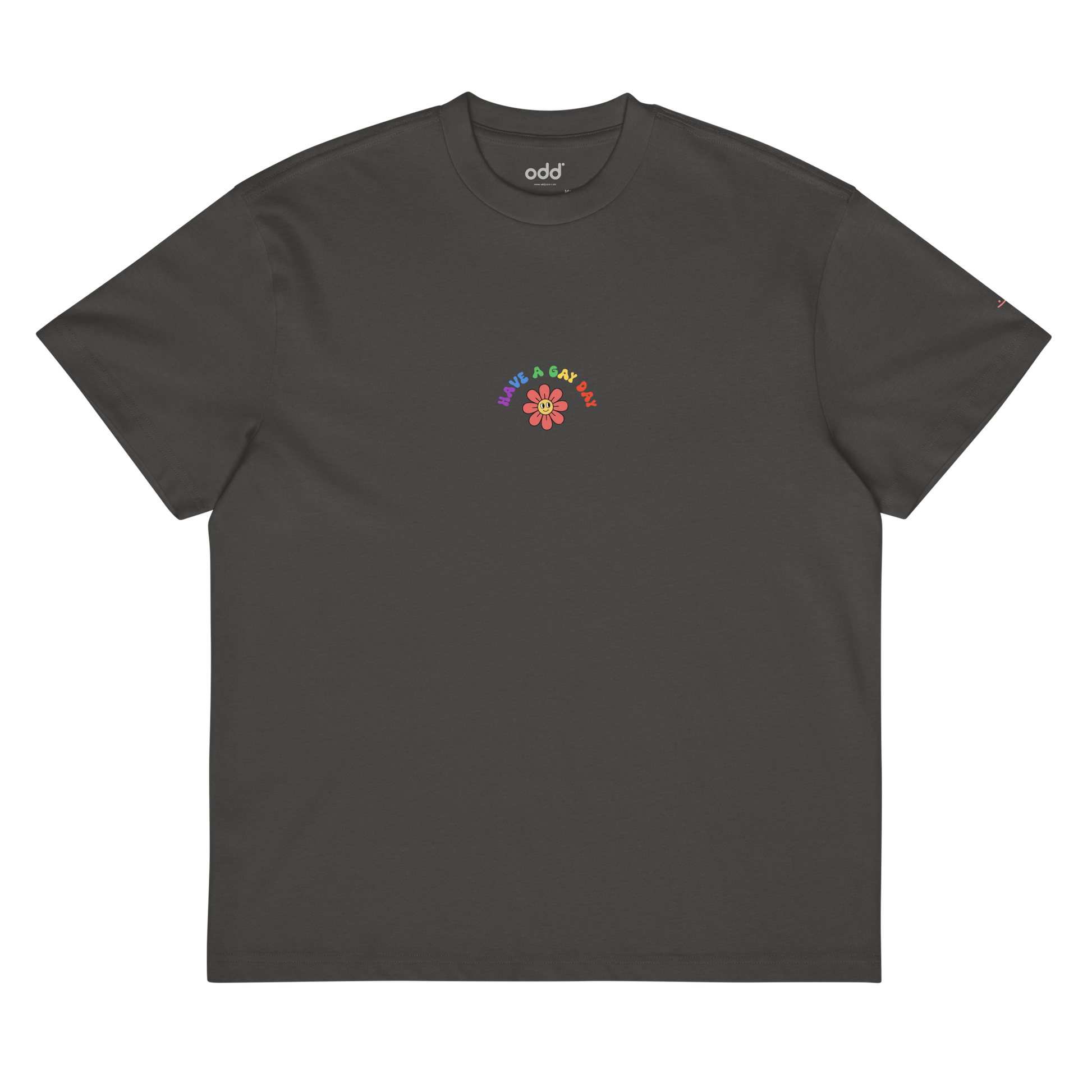 vintage black boxy oversized unisex t-shirt, front view, colorful "HAVE A GAY DAY" and friendly looking flower print