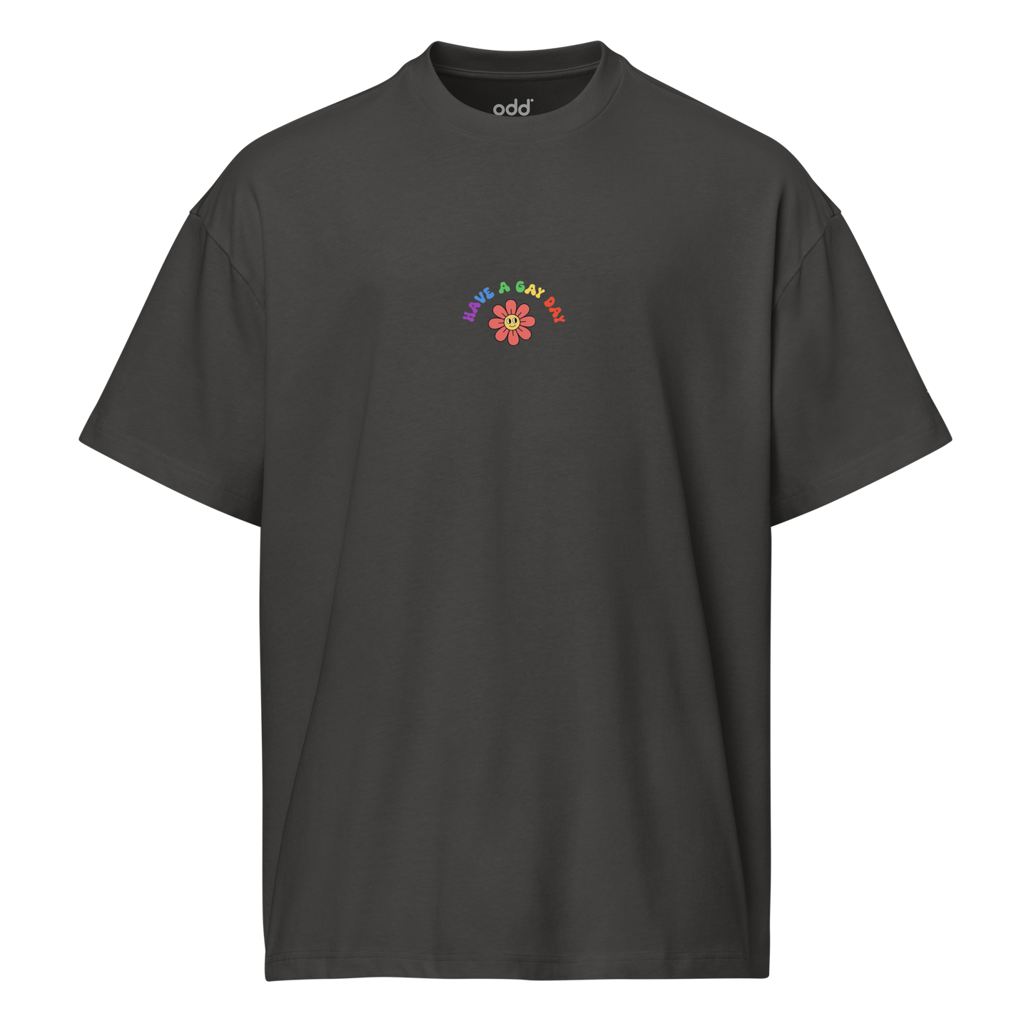 vintage black boxy oversized unisex t-shirt, front view, colorful "HAVE A GAY DAY" and friendly looking flower print