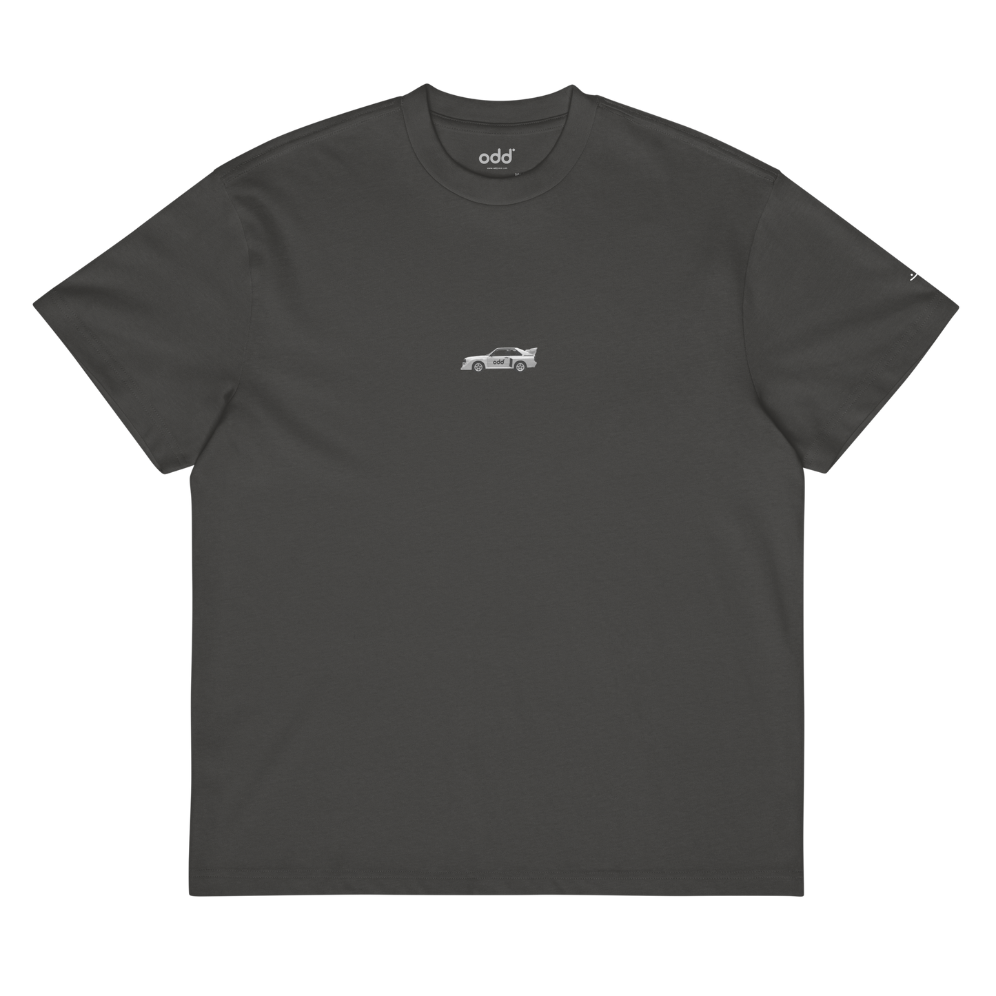 vintage black grey boxy oversized unisex t-shirt, front view, sport quattro print