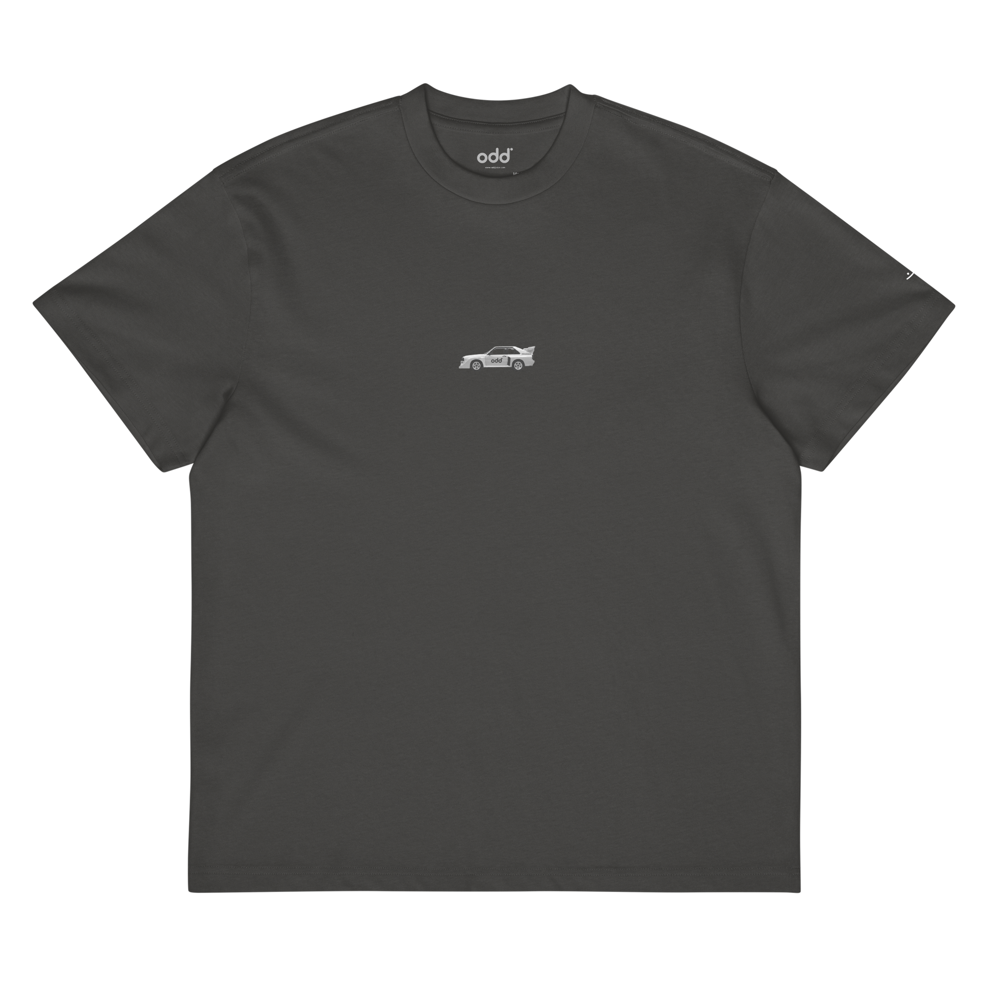 vintage black grey boxy oversized unisex t-shirt, front view, sport quattro print