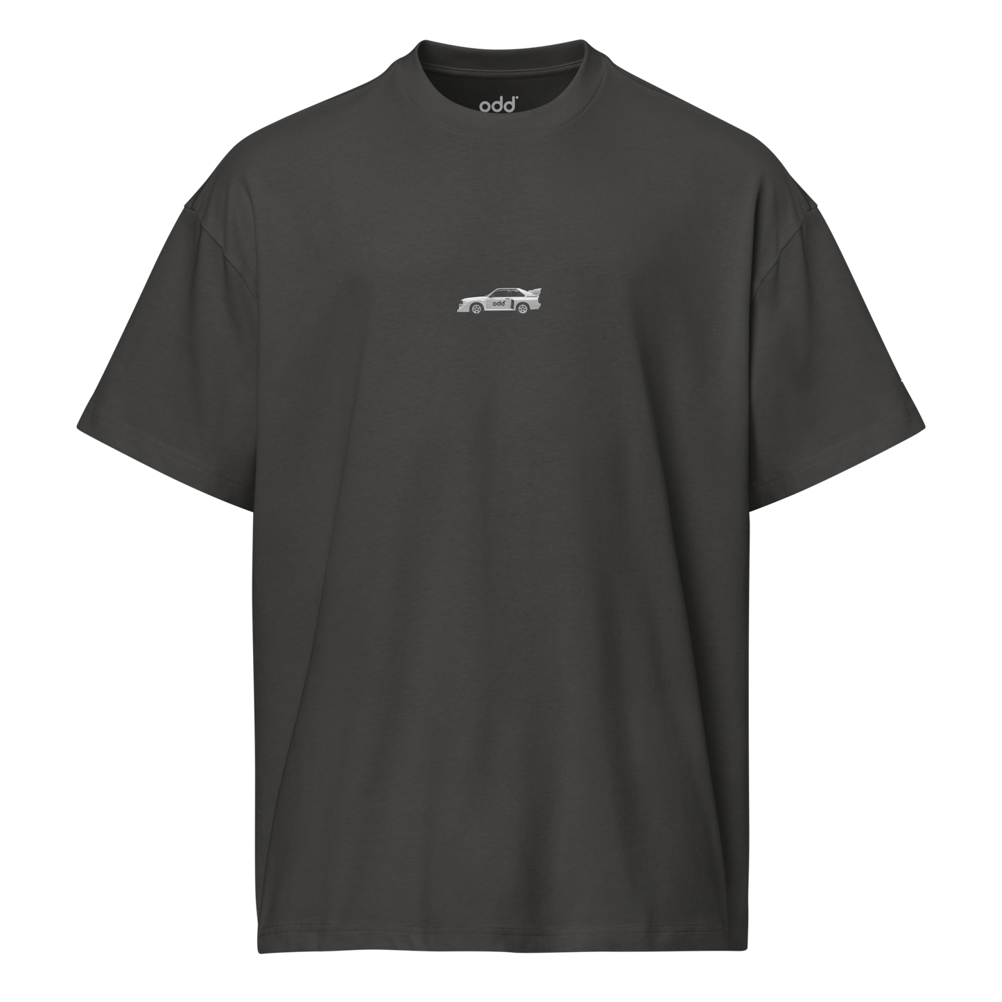 vintage black grey boxy oversized unisex t-shirt, front view, sport quattro print