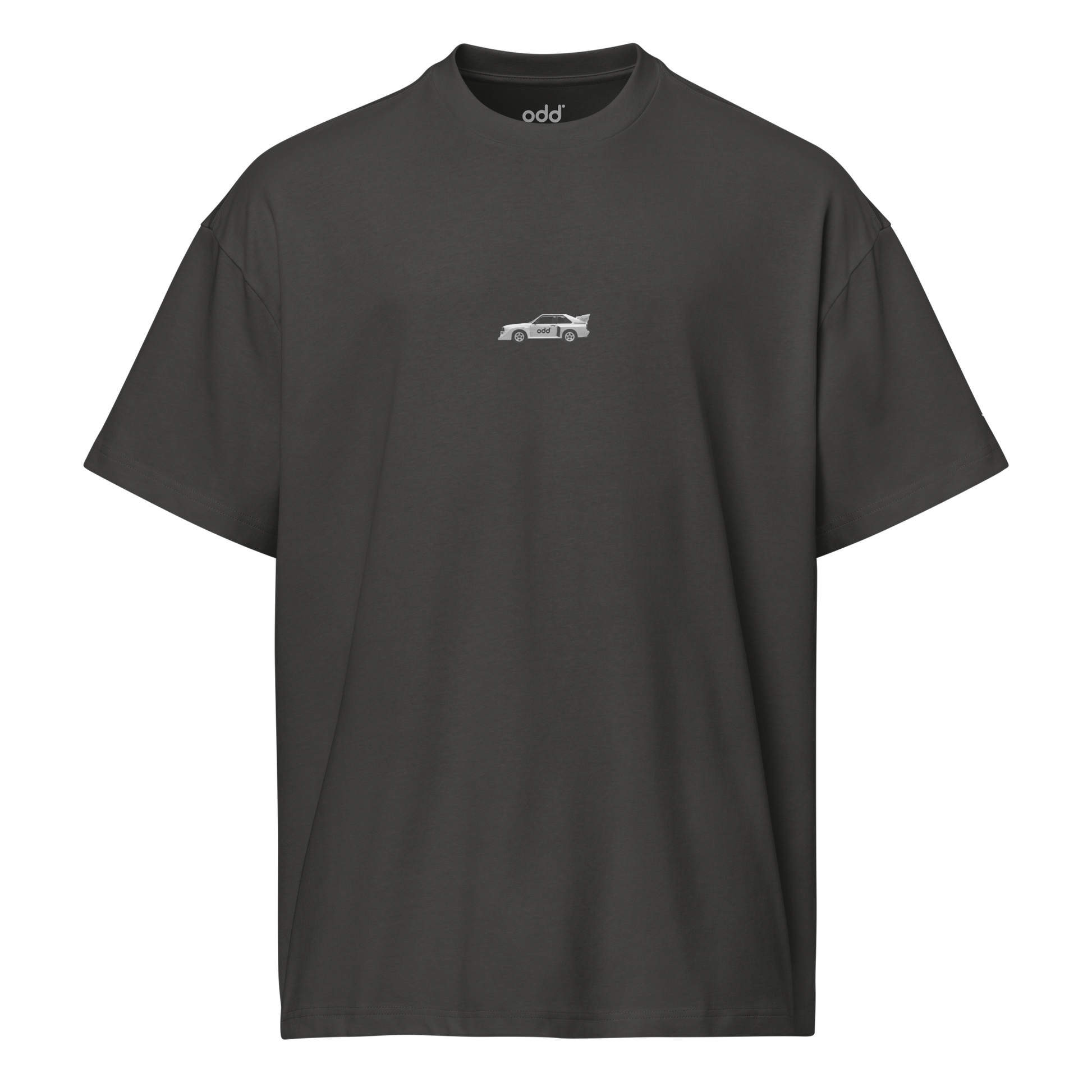 vintage black grey boxy oversized unisex t-shirt, front view, sport quattro print