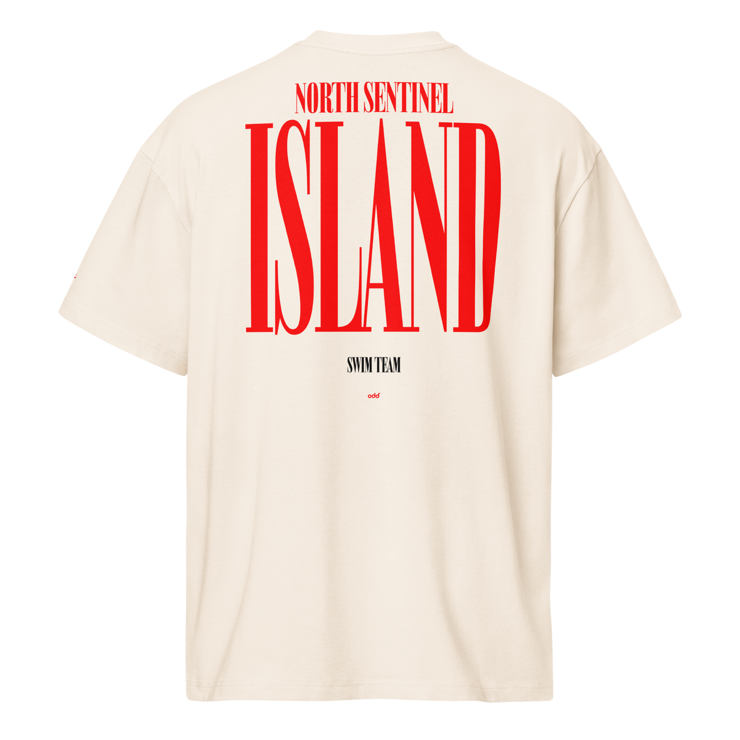 Cream boxy t-shirt, back view – "North Sentinel Island" large red graphic print