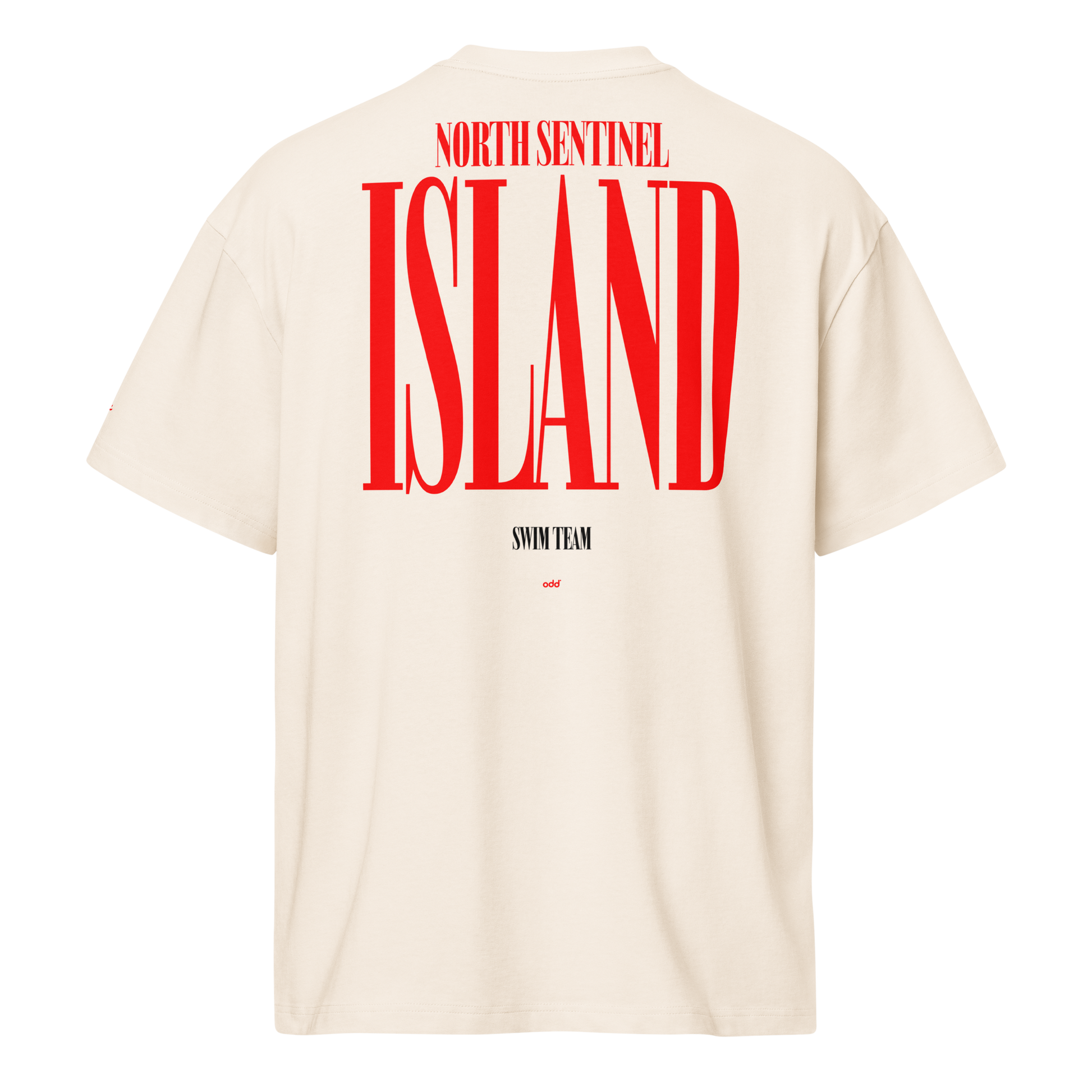 Cream boxy t-shirt, back view – "North Sentinel Island" large red graphic print