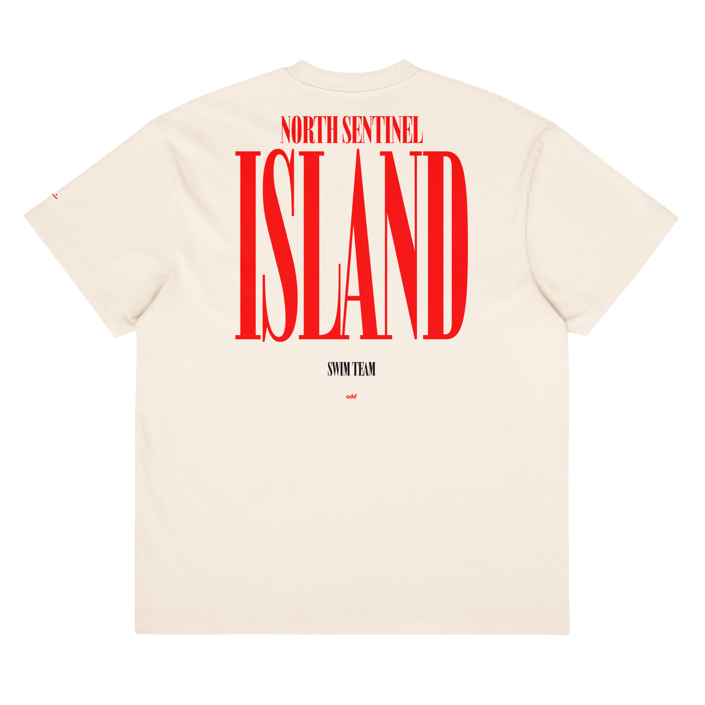 Cream boxy t-shirt, back view – "North Sentinel Island" large red graphic print