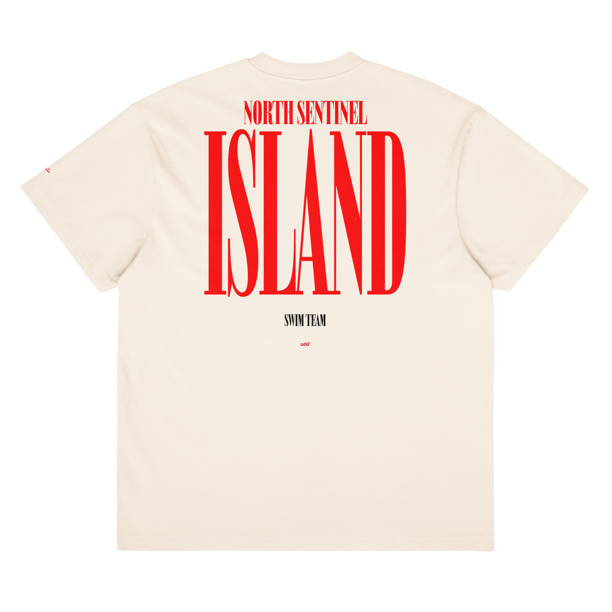 Cream boxy t-shirt, back view – "North Sentinel Island" large red graphic print