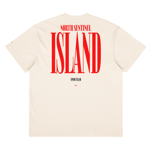 Cream boxy t-shirt, back view – "North Sentinel Island" large red graphic print