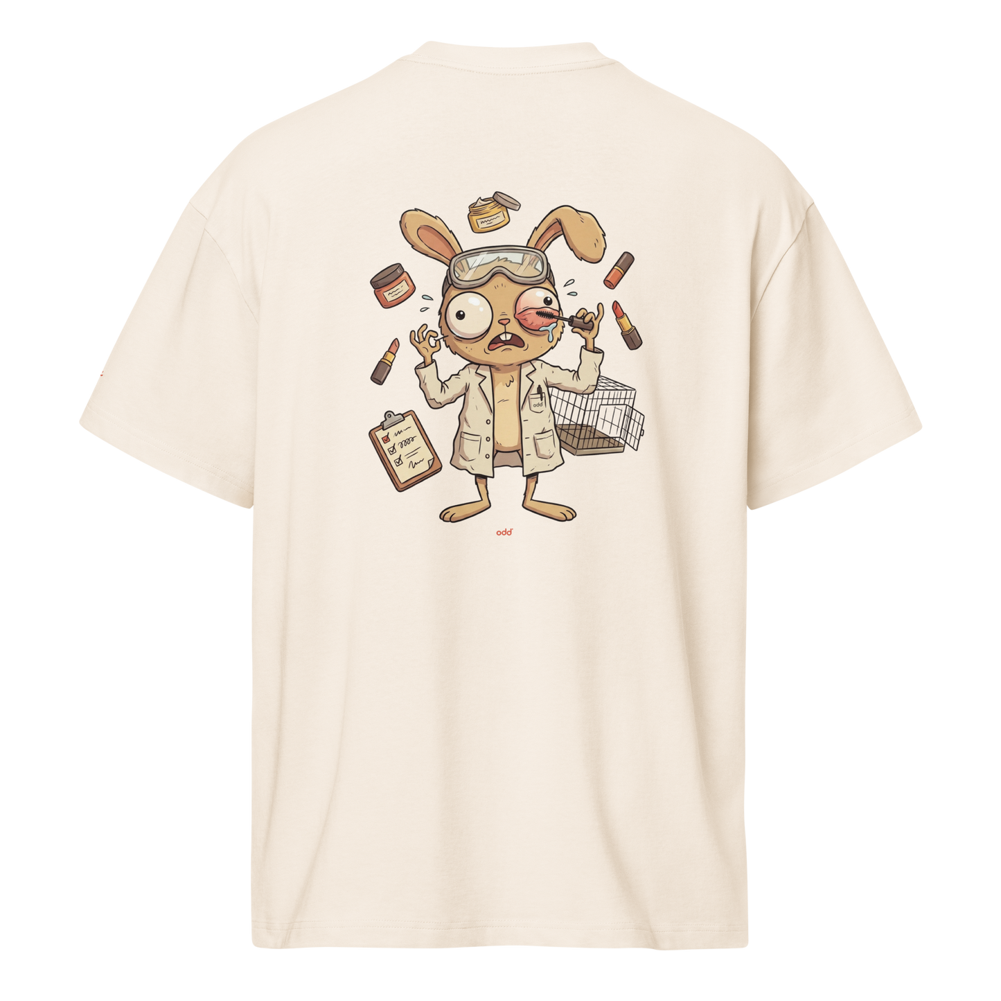 vintage white boxy oversized unisex t-shirt, back view, lab bunny with mascara print