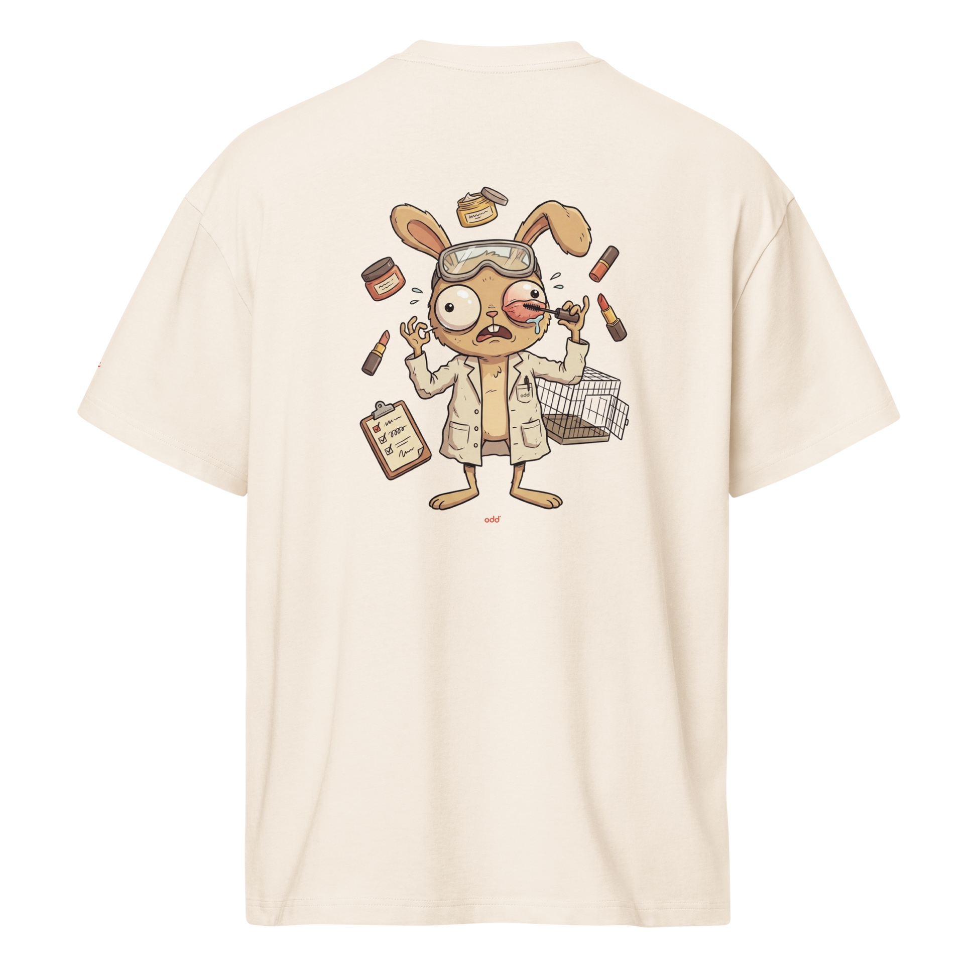 vintage white boxy oversized unisex t-shirt, back view, lab bunny with mascara print