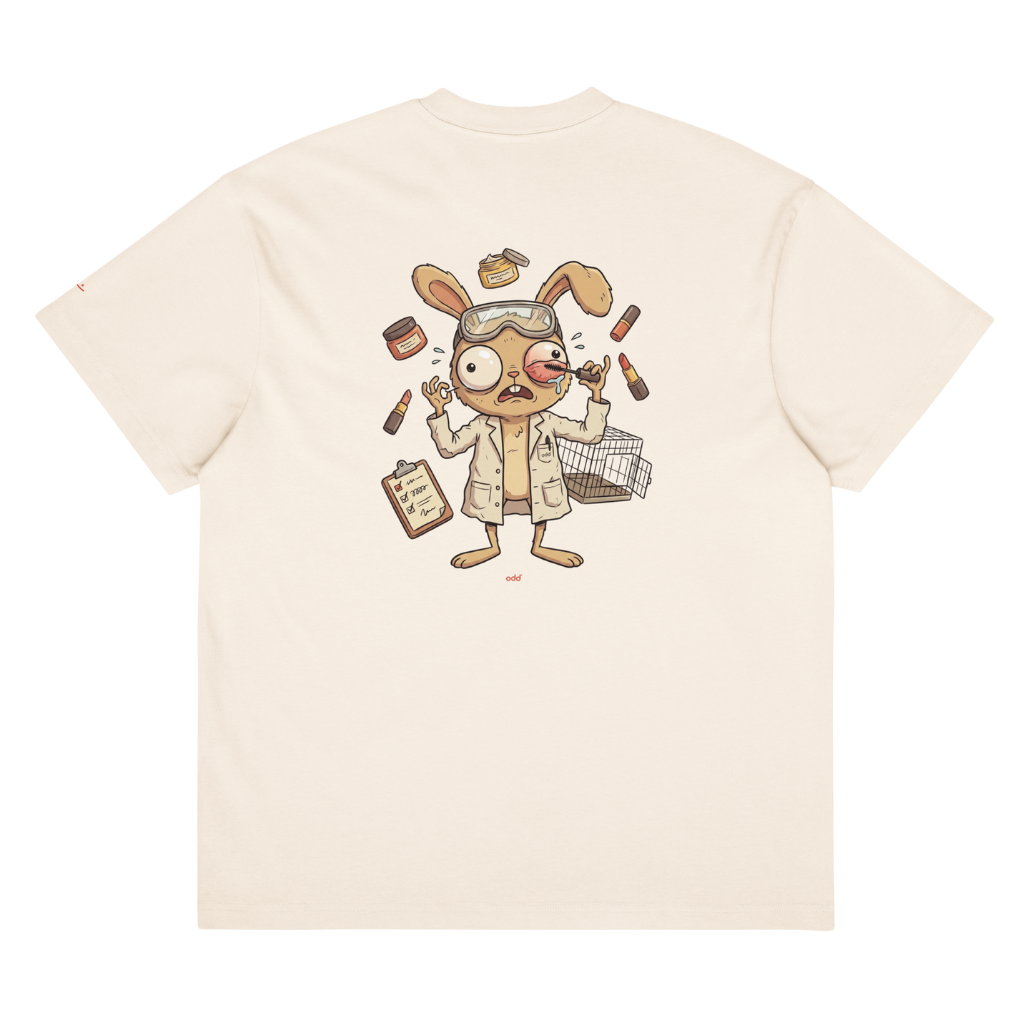 vintage white boxy oversized unisex t-shirt, back view, lab bunny with mascara print