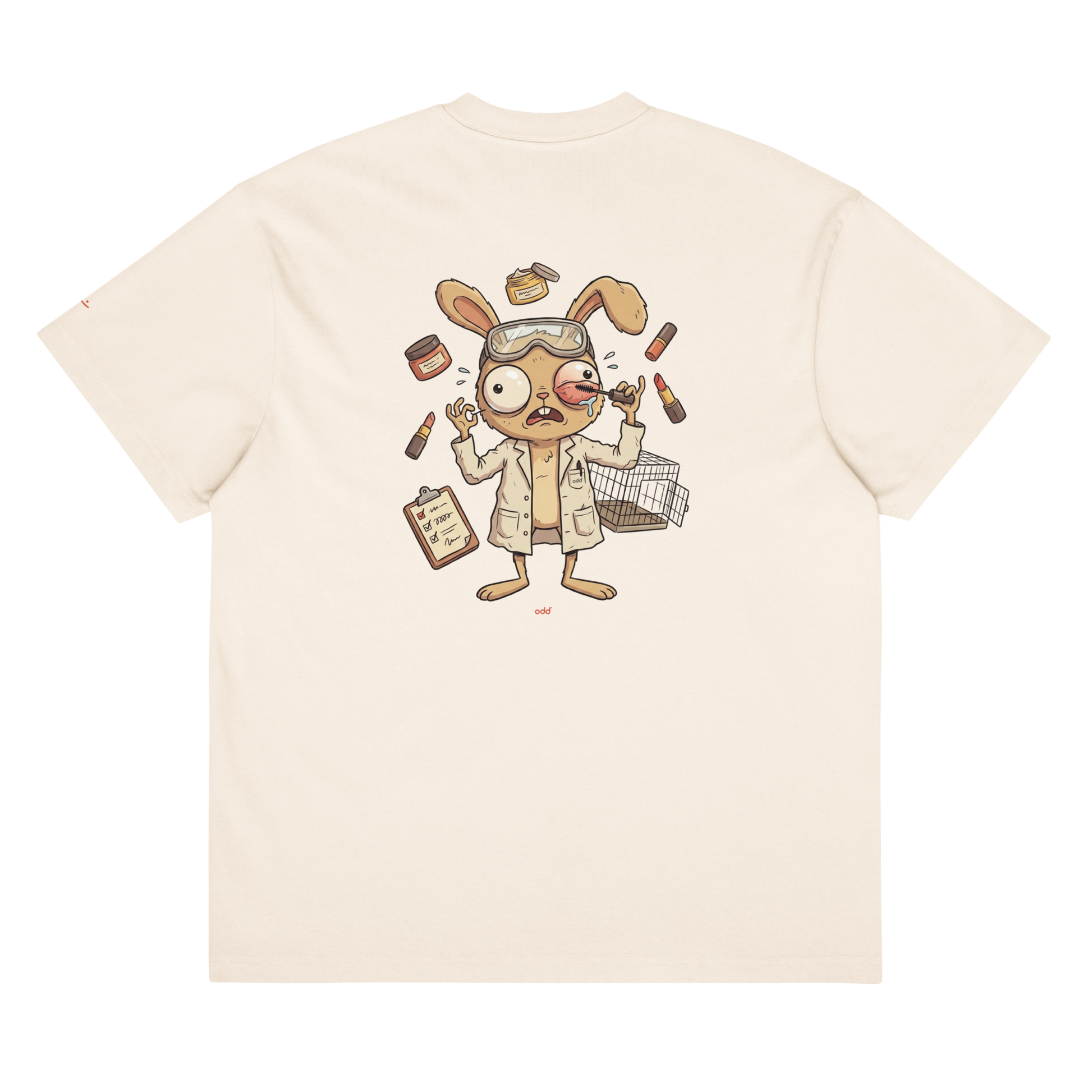 vintage white boxy oversized unisex t-shirt, back view, lab bunny with mascara print