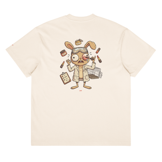 vintage white boxy oversized unisex t-shirt, back view, lab bunny with mascara print