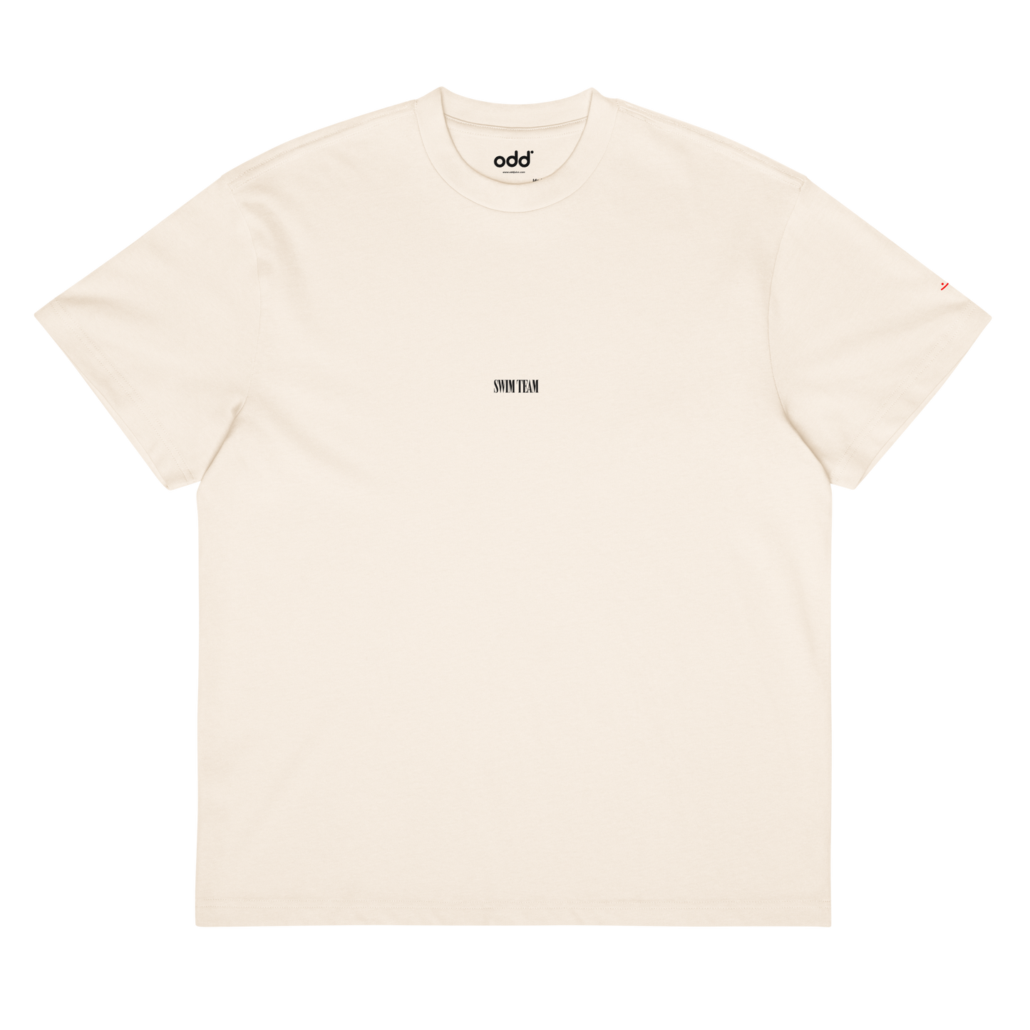 Cream boxy t-shirt, front view – small "swim team" text on chest