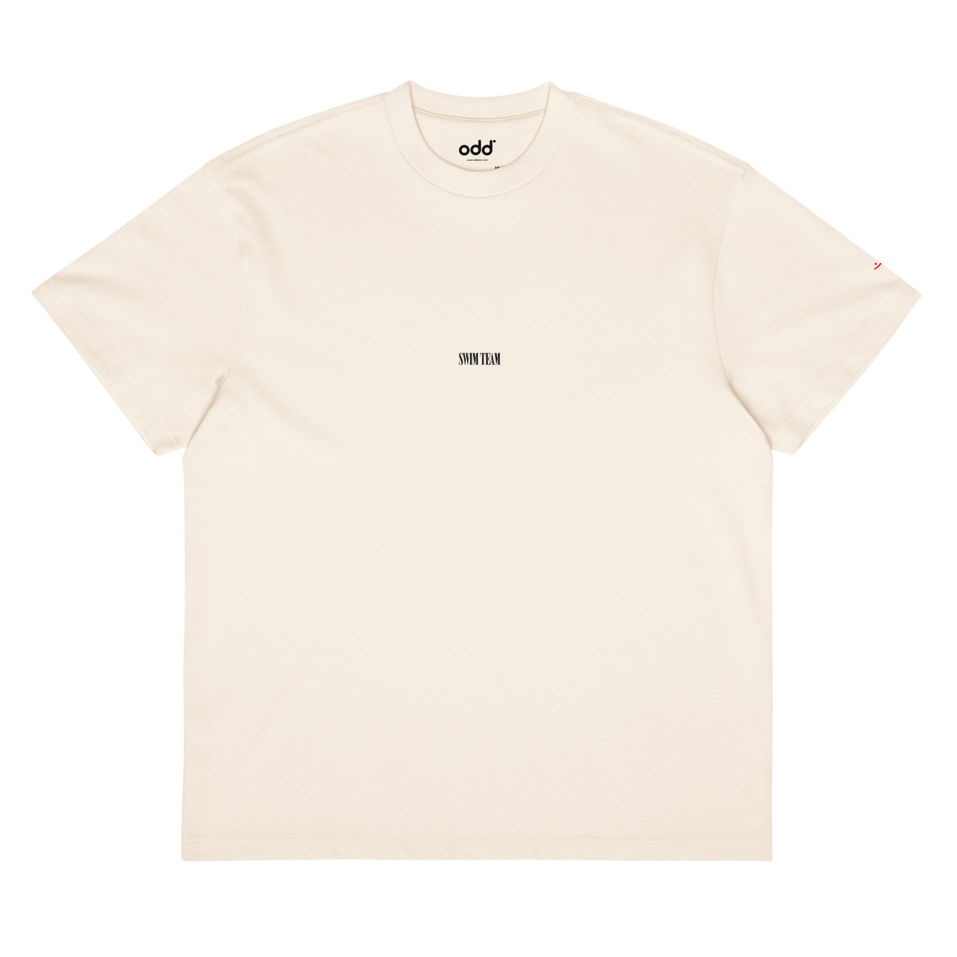 Cream boxy t-shirt, front view – small "swim team" text on chest