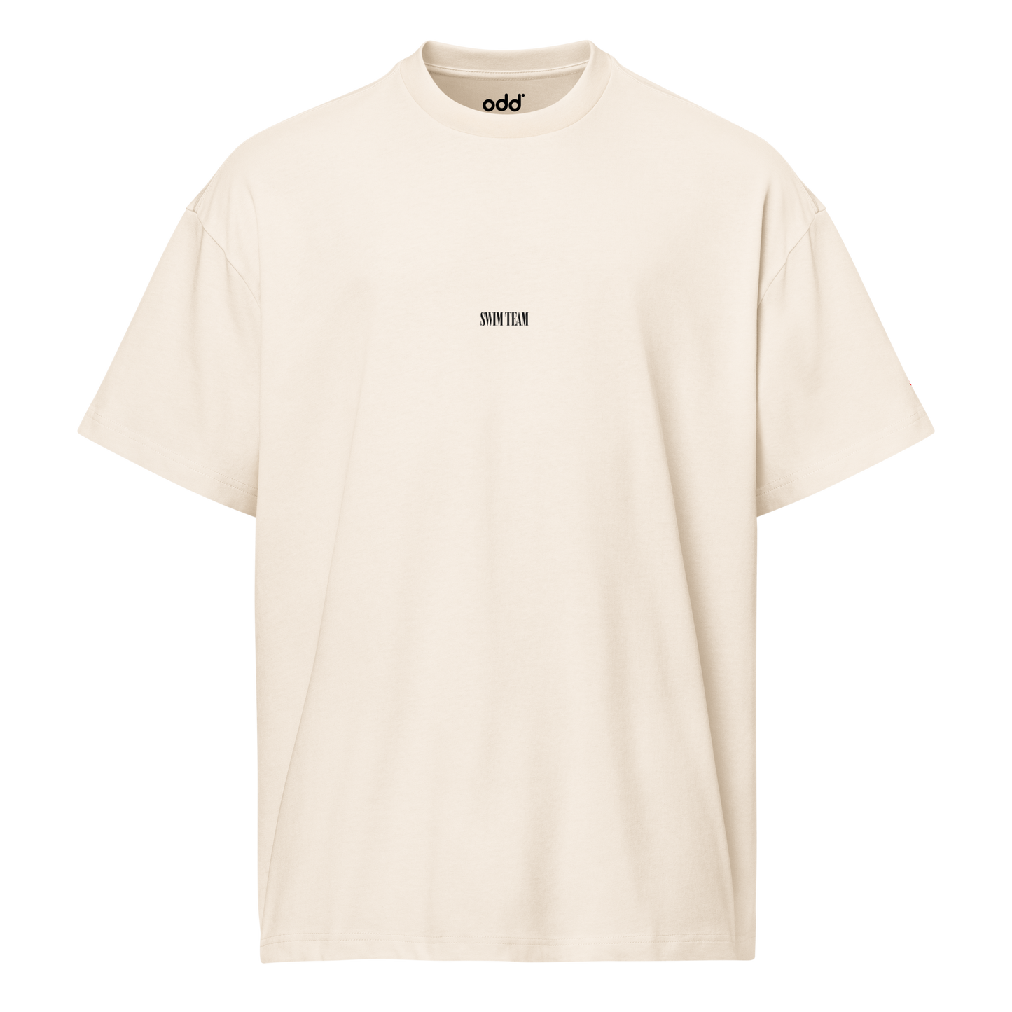 Cream boxy t-shirt, front view – small "swim team" text on chest