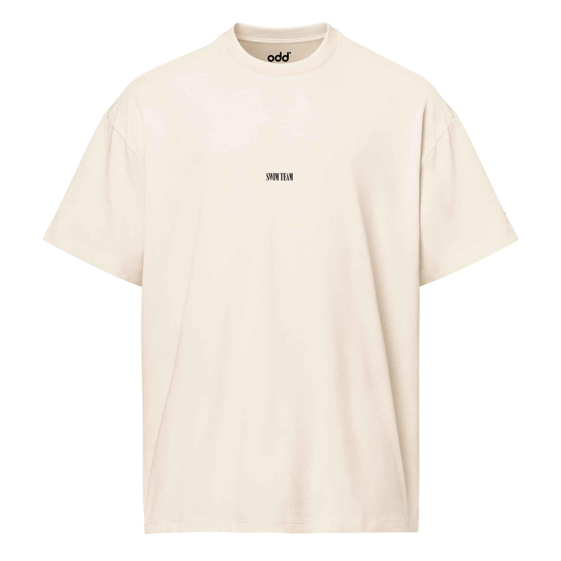 Cream boxy t-shirt, front view – small "swim team" text on chest