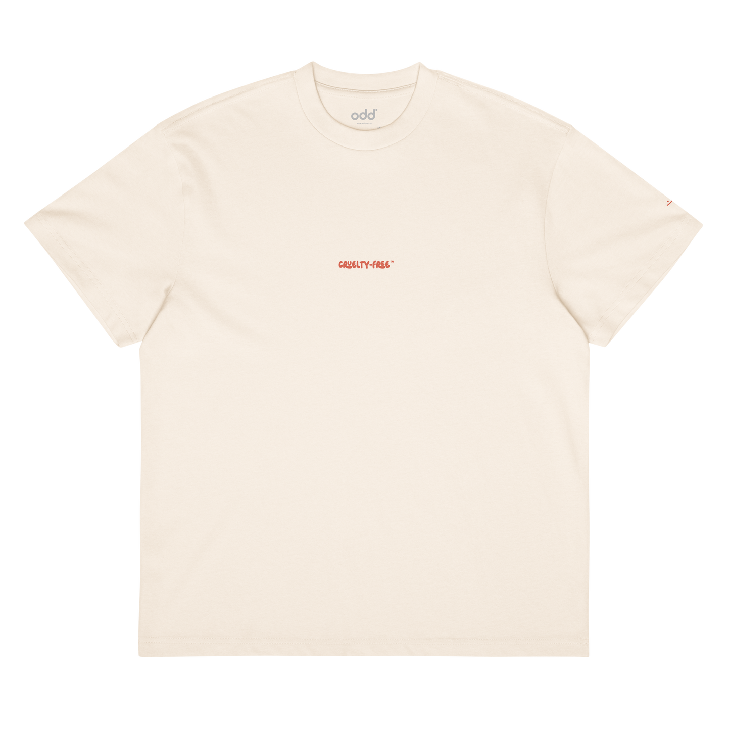 vintage white boxy oversized unisex t-shirt, front view, "CRUELTY-FREE" print