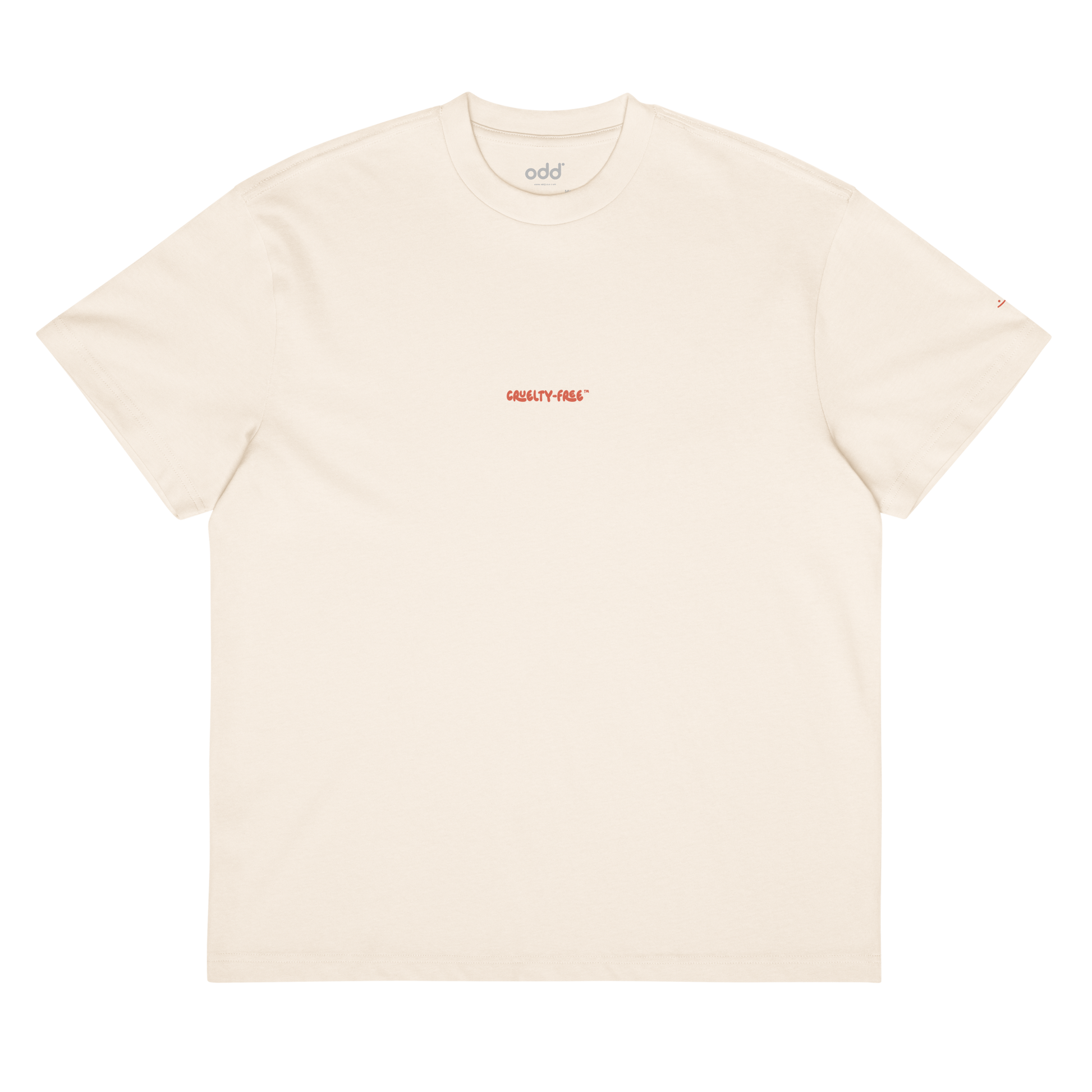 vintage white boxy oversized unisex t-shirt, front view, "CRUELTY-FREE" print