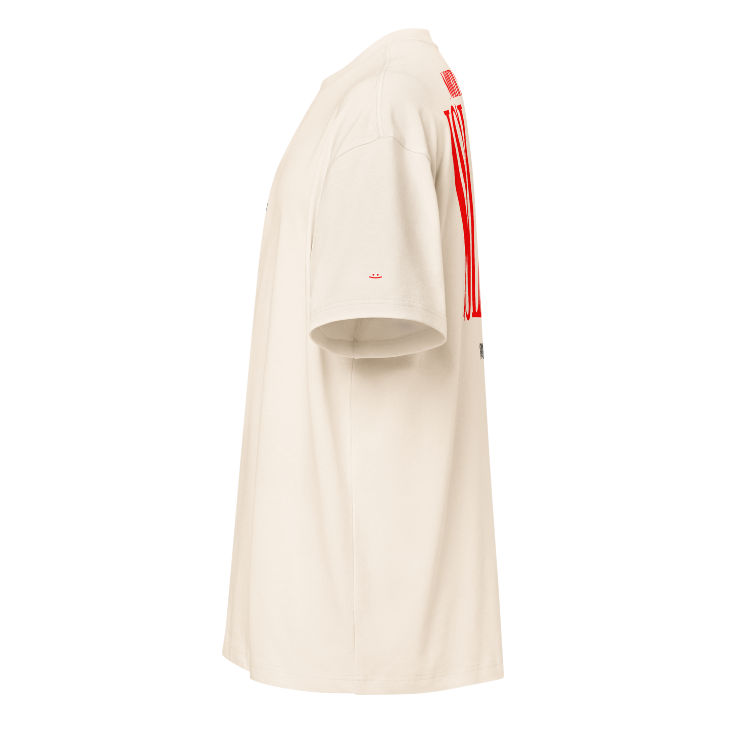 Cream boxy t-shirt, side view – dropped shoulders, boxy fit, red smiley on sleeve