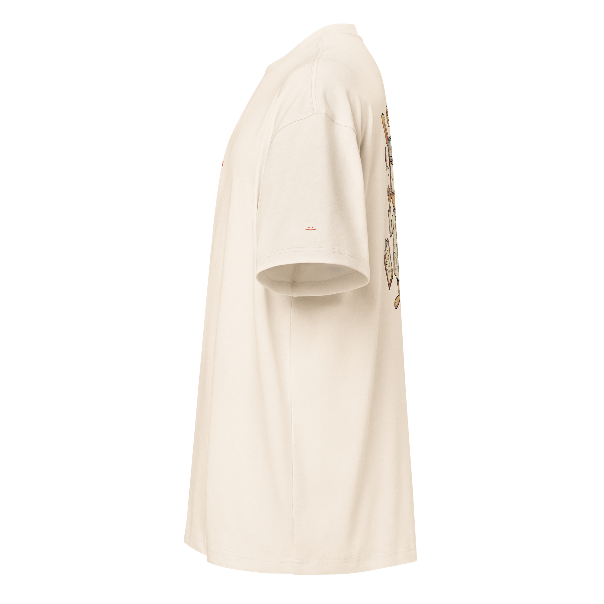 vintage white boxy oversized unisex t-shirt, side view, printed smiley on left sleeve