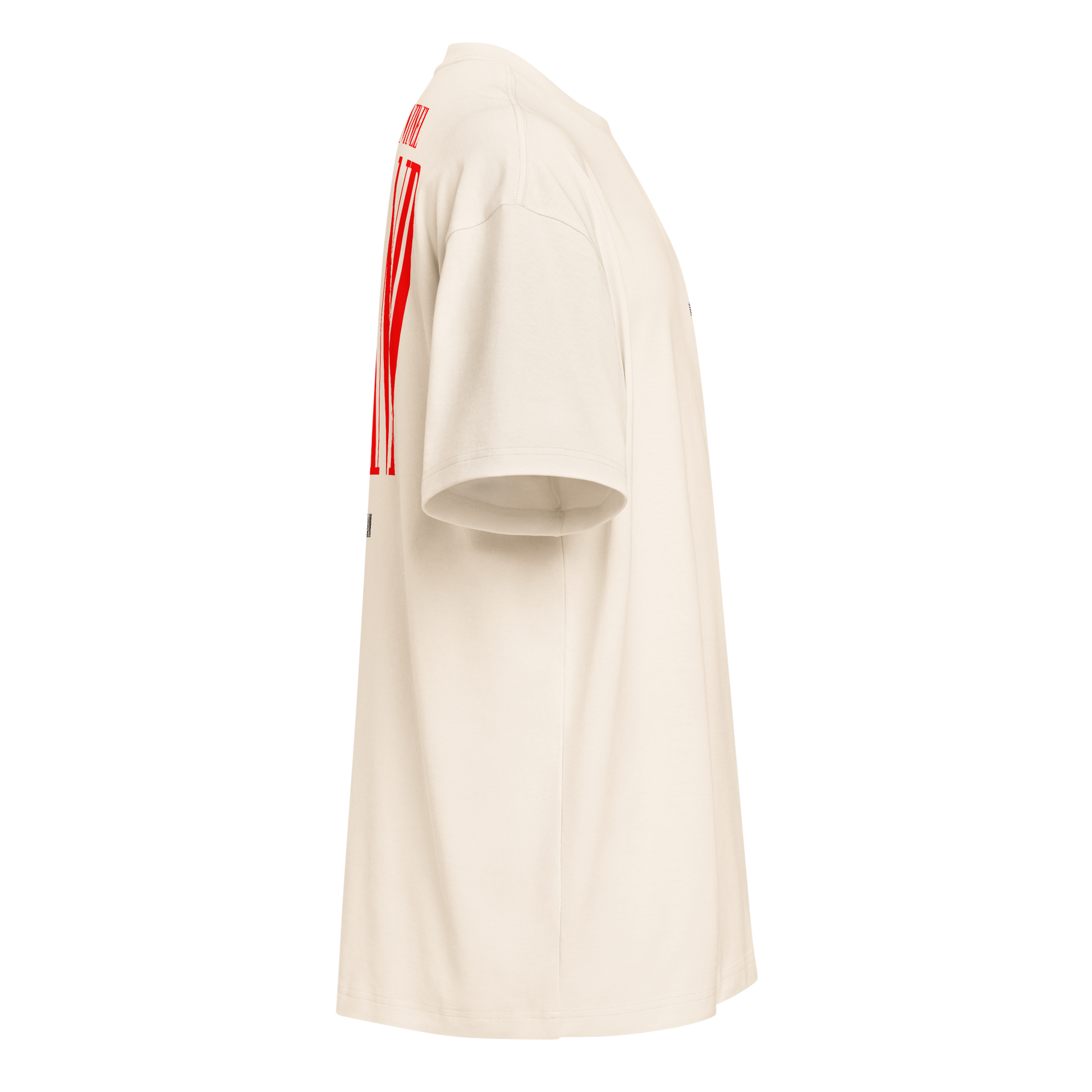 Cream boxy t-shirt, side view – dropped shoulders, boxy fit
