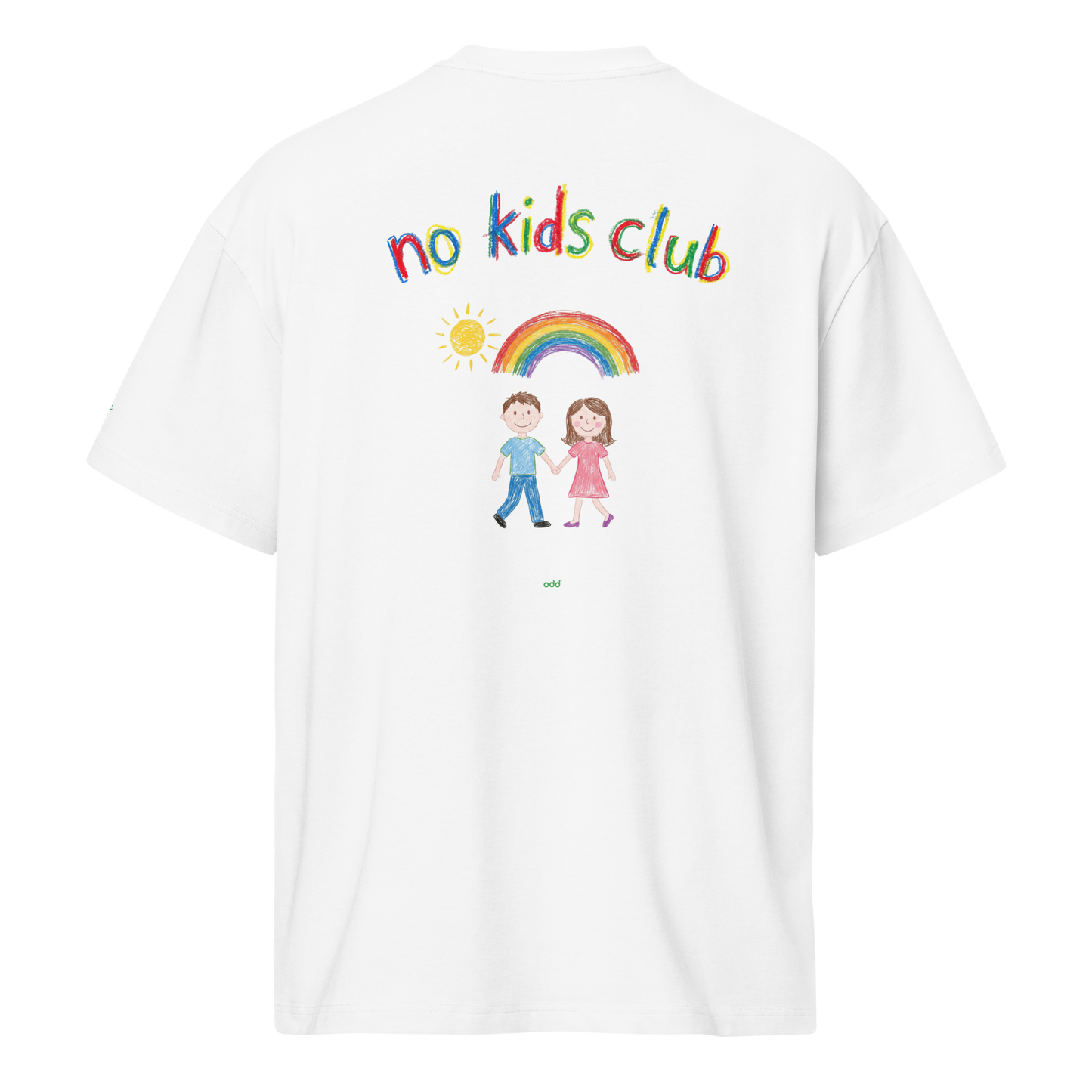 white boxy oversized unisex t-shirt, back view, "no kids club", rainbow and couple print