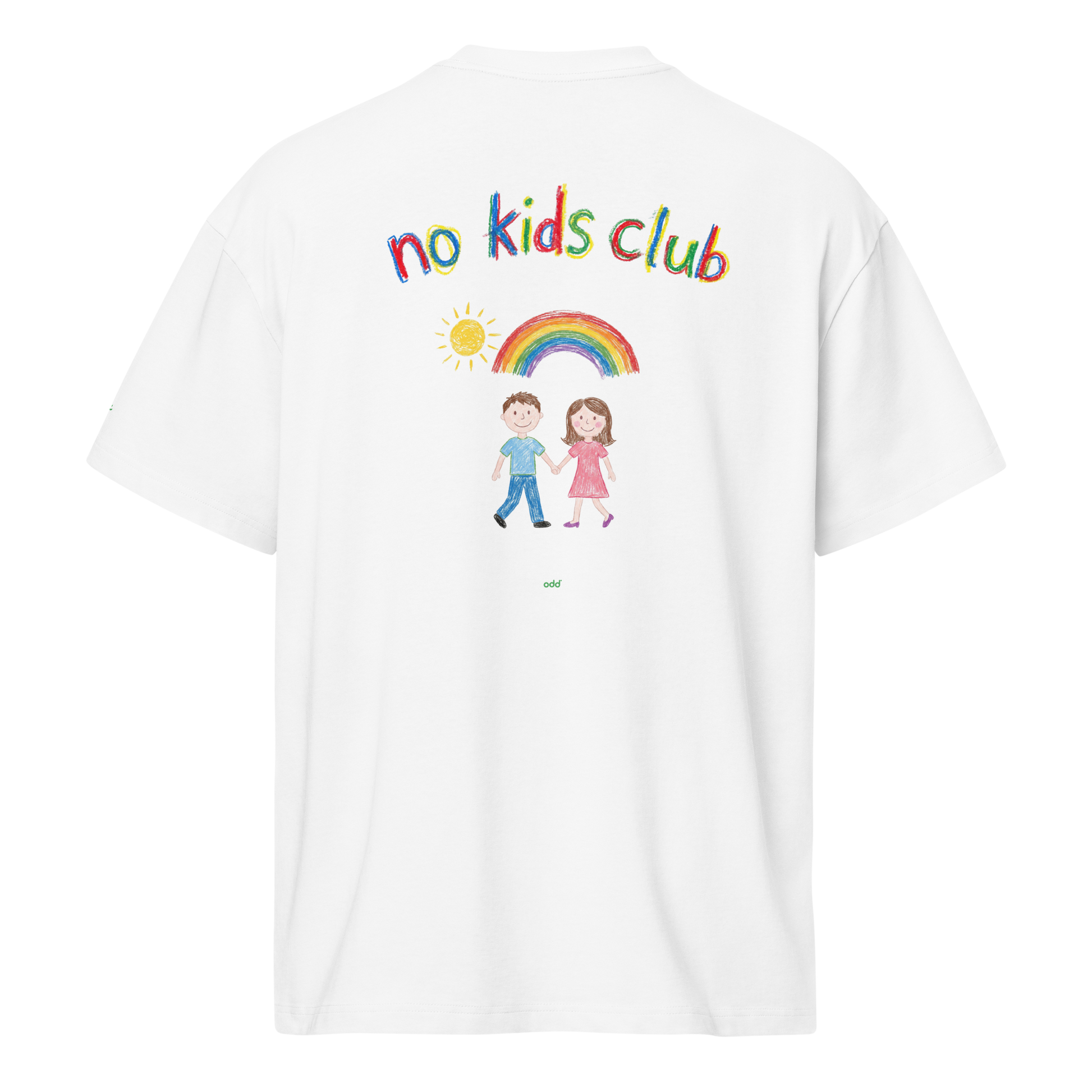 white boxy oversized unisex t-shirt, back view, "no kids club", rainbow and couple print