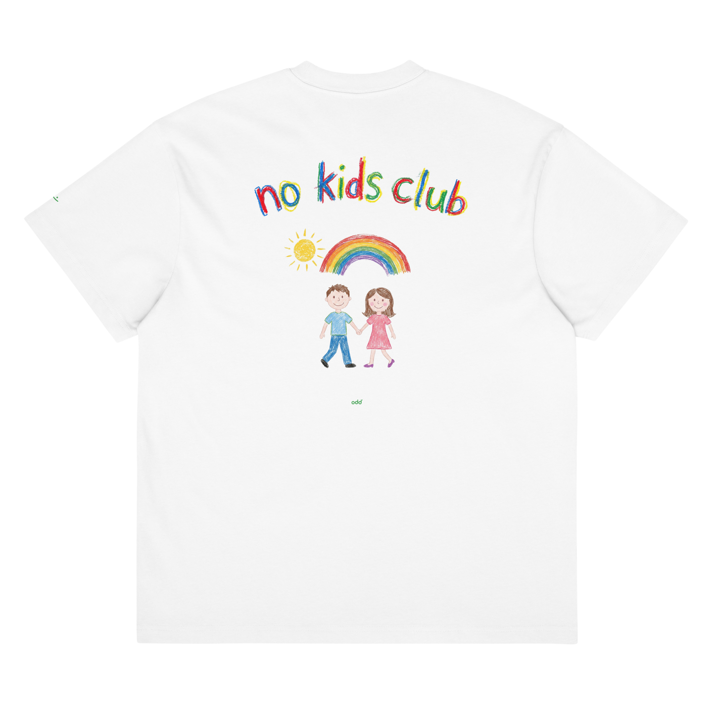 white boxy oversized unisex t-shirt, back view, "no kids club", rainbow and couple print