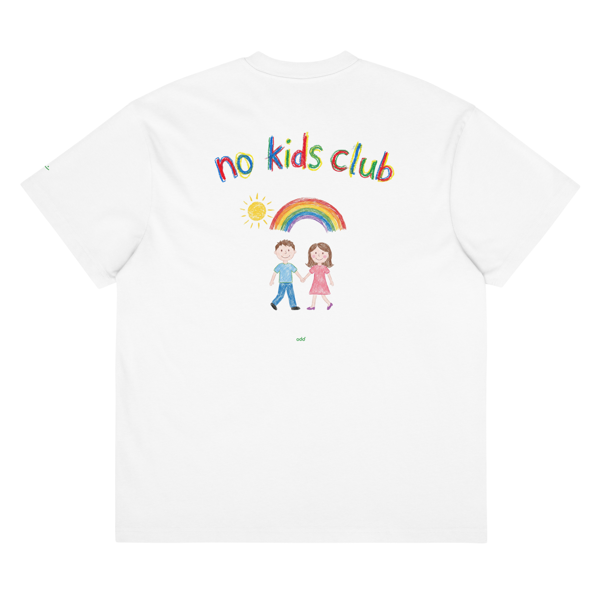 white boxy oversized unisex t-shirt, back view, "no kids club", rainbow and couple print