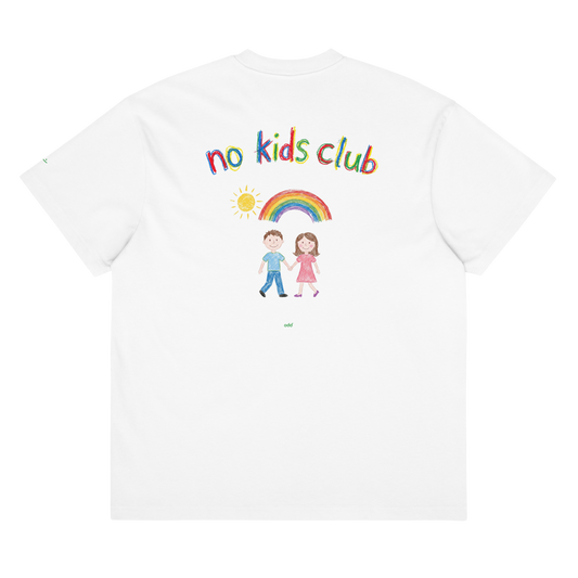 white boxy oversized unisex t-shirt, back view, "no kids club", rainbow and couple print