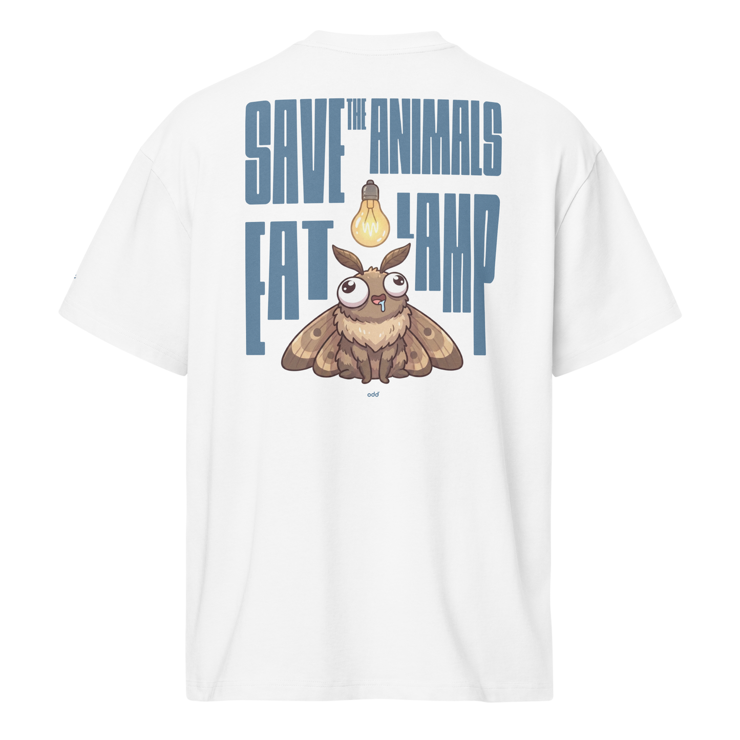 white boxy oversized unisex t-shirt, back view, "save the animals" "eat lamp" and moth with light bulb print
