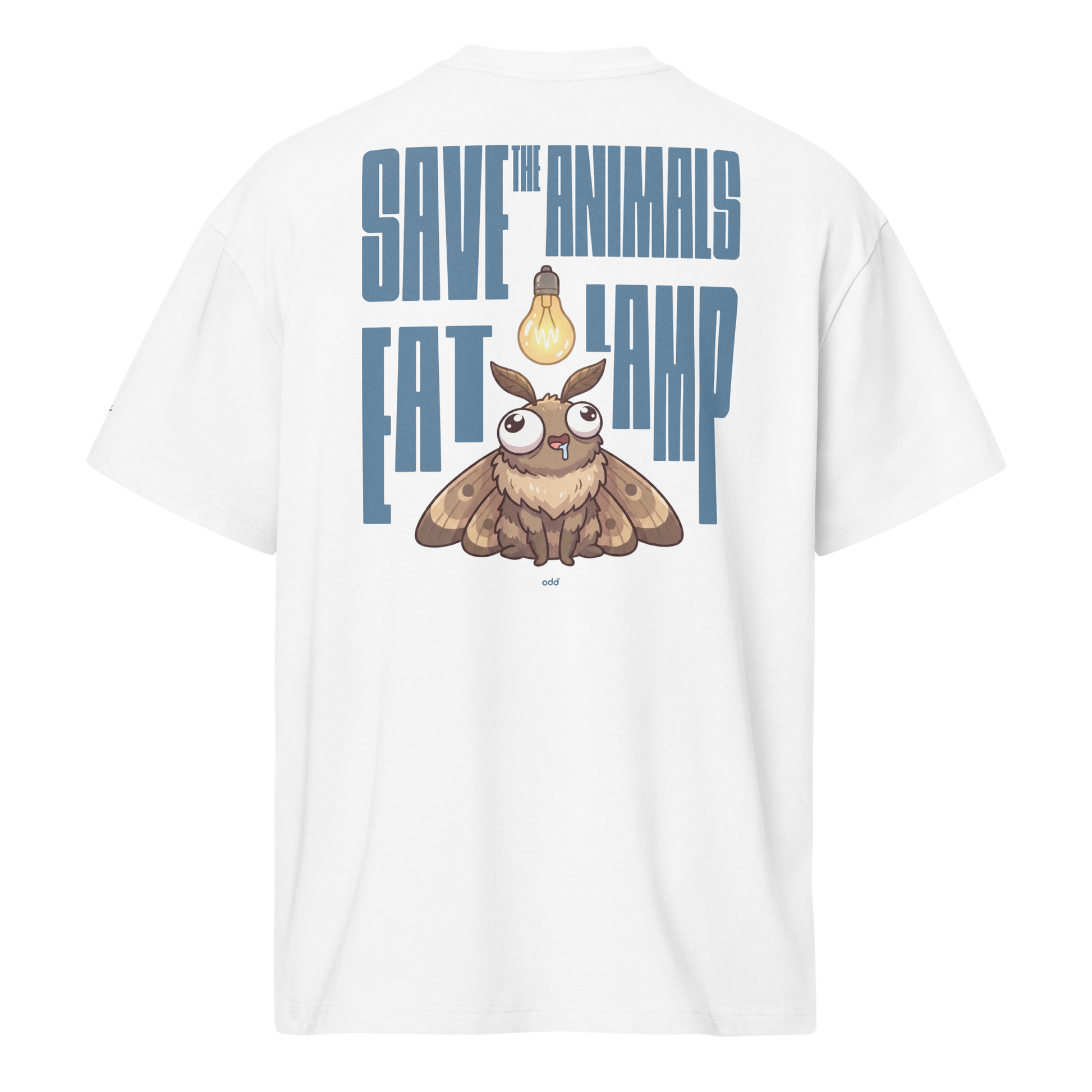 white boxy oversized unisex t-shirt, back view, "save the animals" "eat lamp" and moth with light bulb print